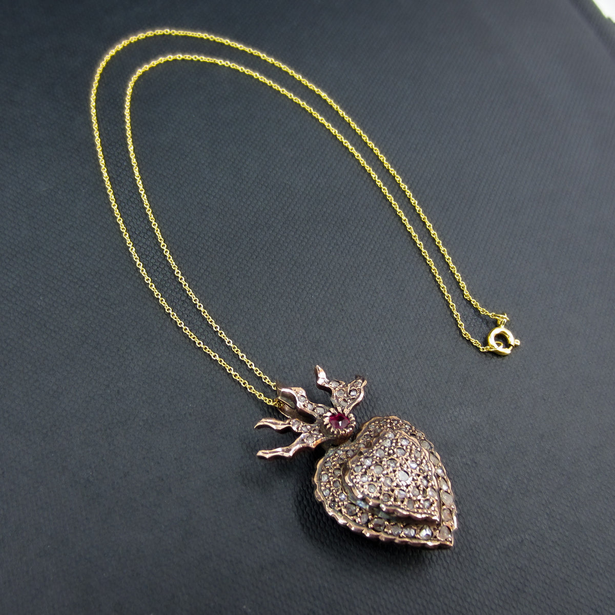 Vintage Ruby and Rose Cut Diamond Flaming Heart Pendant 10k
