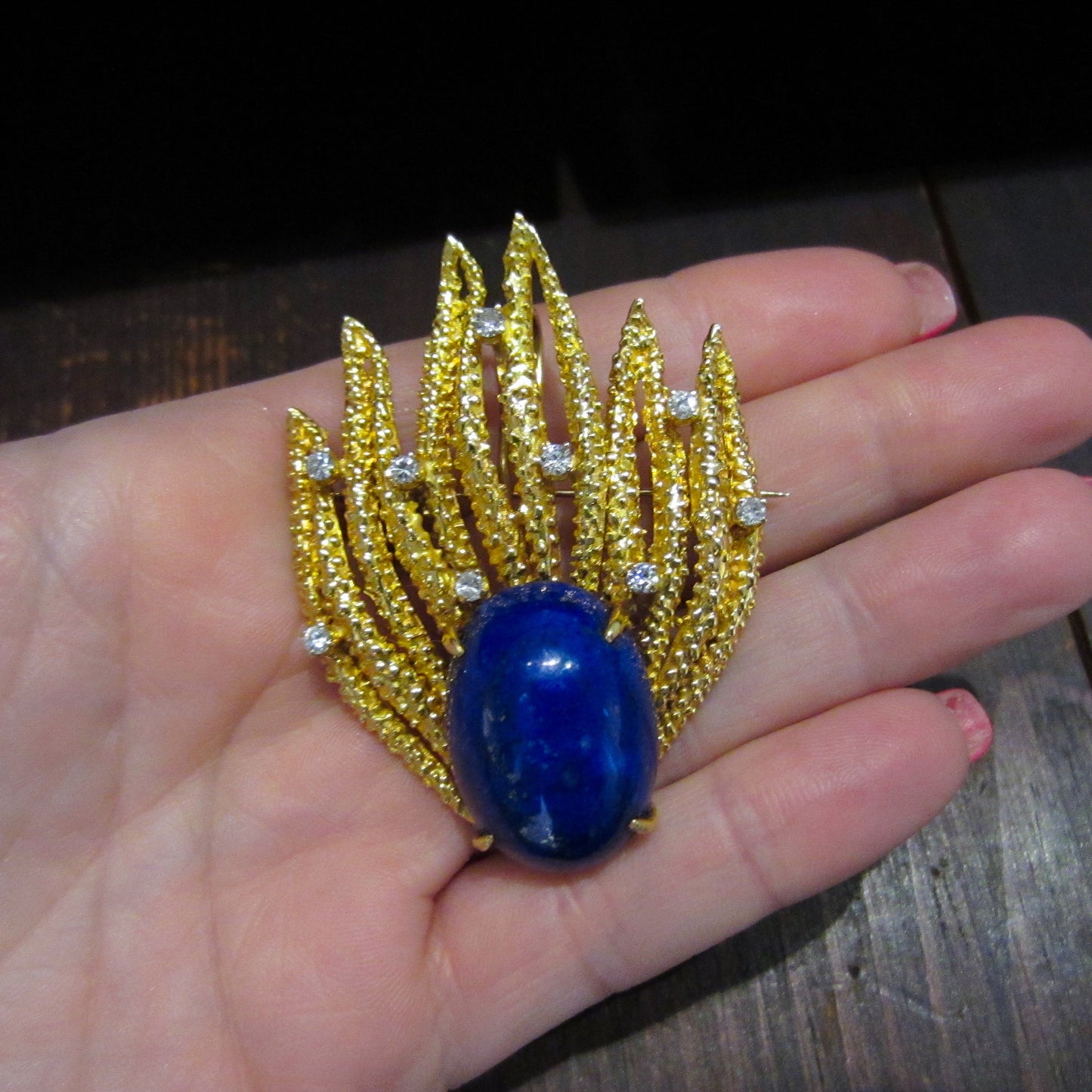 Mid-Century Lapis and Diamond Brooch 14k, KARBRA c. 1966