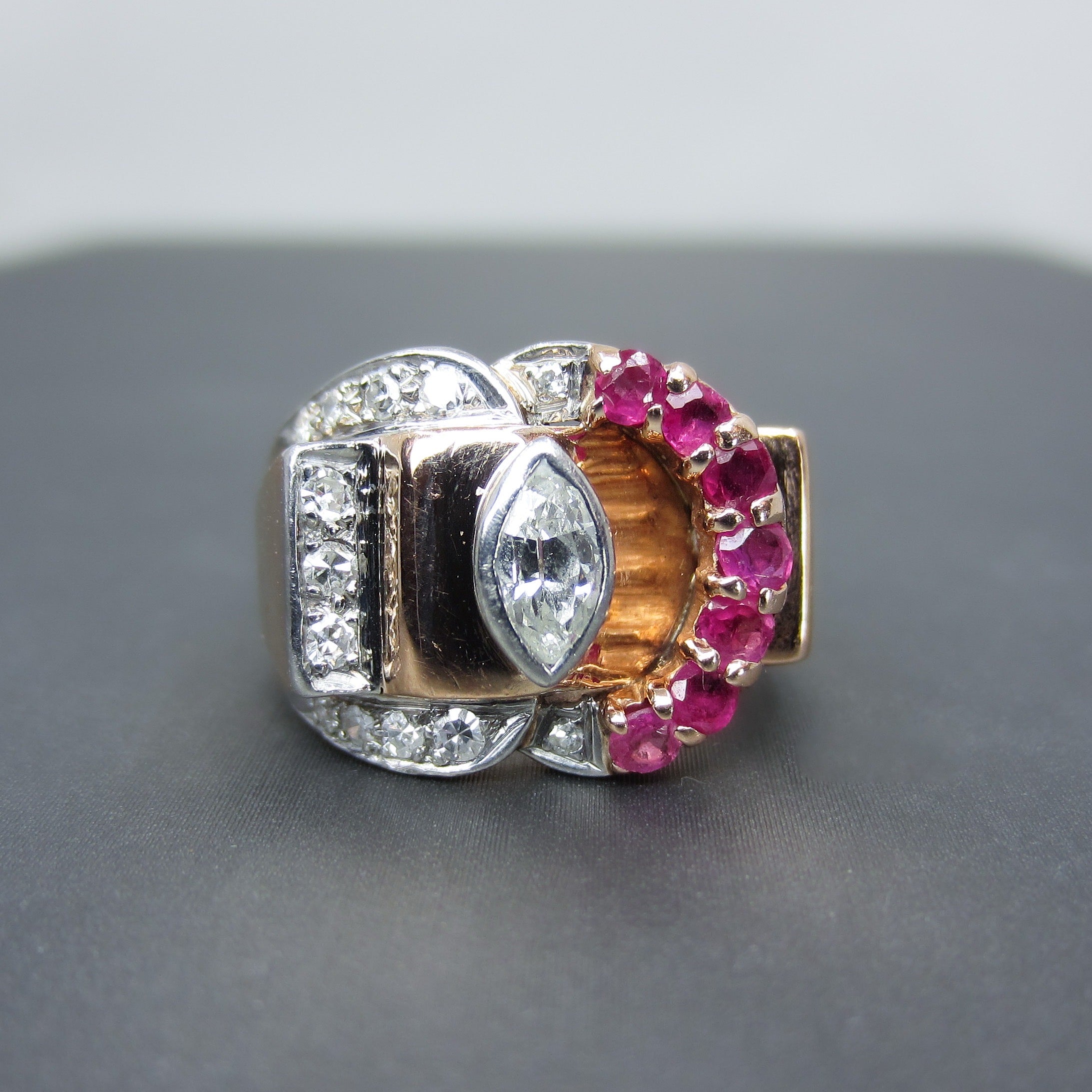 Fabulous Retro Diamond and Ruby Buckle Ring 14k c. 1940 – Bavier Brook