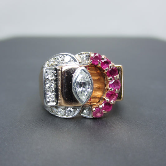Fabulous Retro Diamond and Ruby Buckle Ring 14k c. 1940