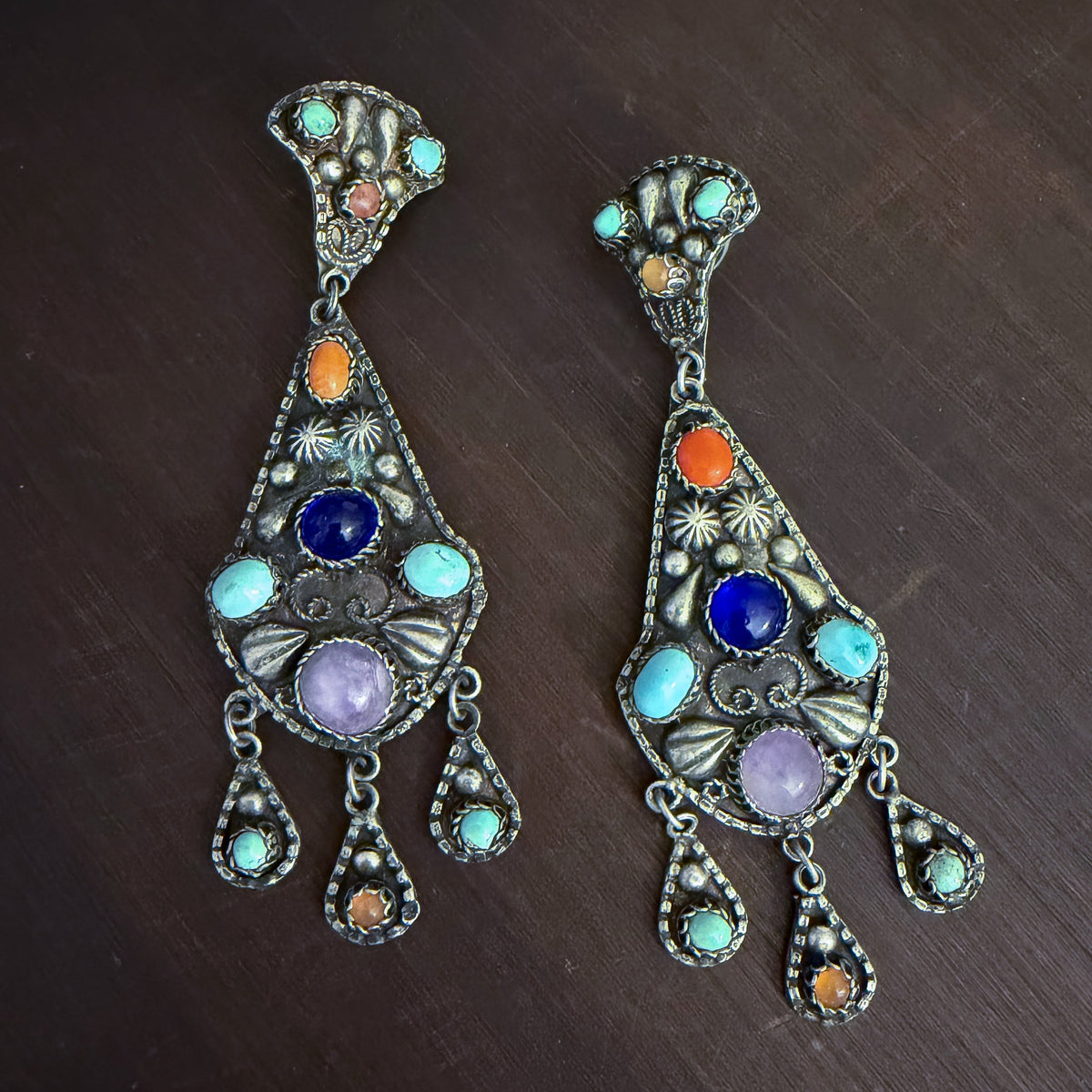 Vintage Big Multi-Stone Drop Earrings Silver