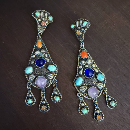 Vintage Big Multi-Stone Drop Earrings Silver