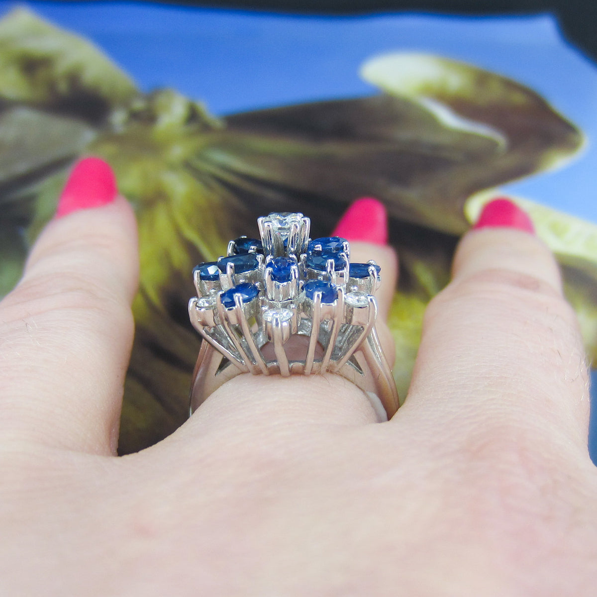 Vintage Mid-Century Sapphire and Diamond Cluster Ring 14k c. 1950