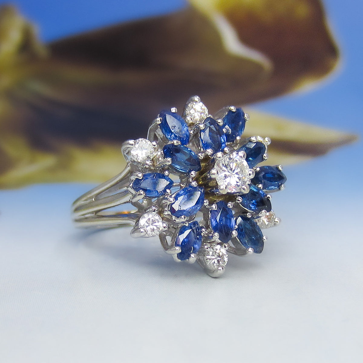 Vintage Mid-Century Sapphire and Diamond Cluster Ring 14k c. 1950