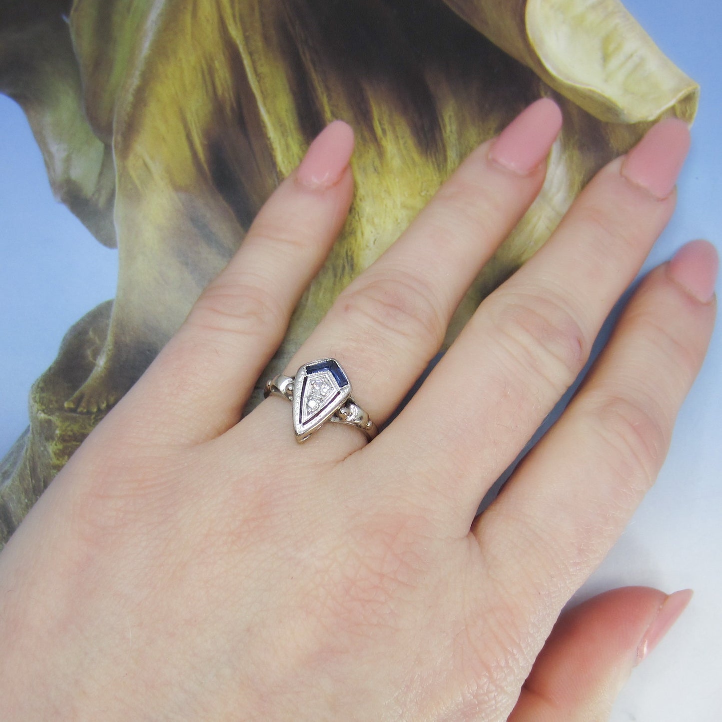 Art Deco Diamond and Sapphire Ring 14k c. 1930