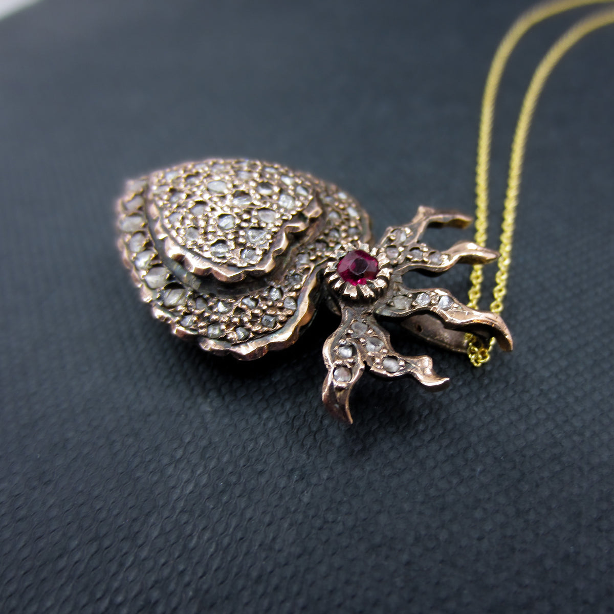 Vintage Ruby and Rose Cut Diamond Flaming Heart Pendant 10k
