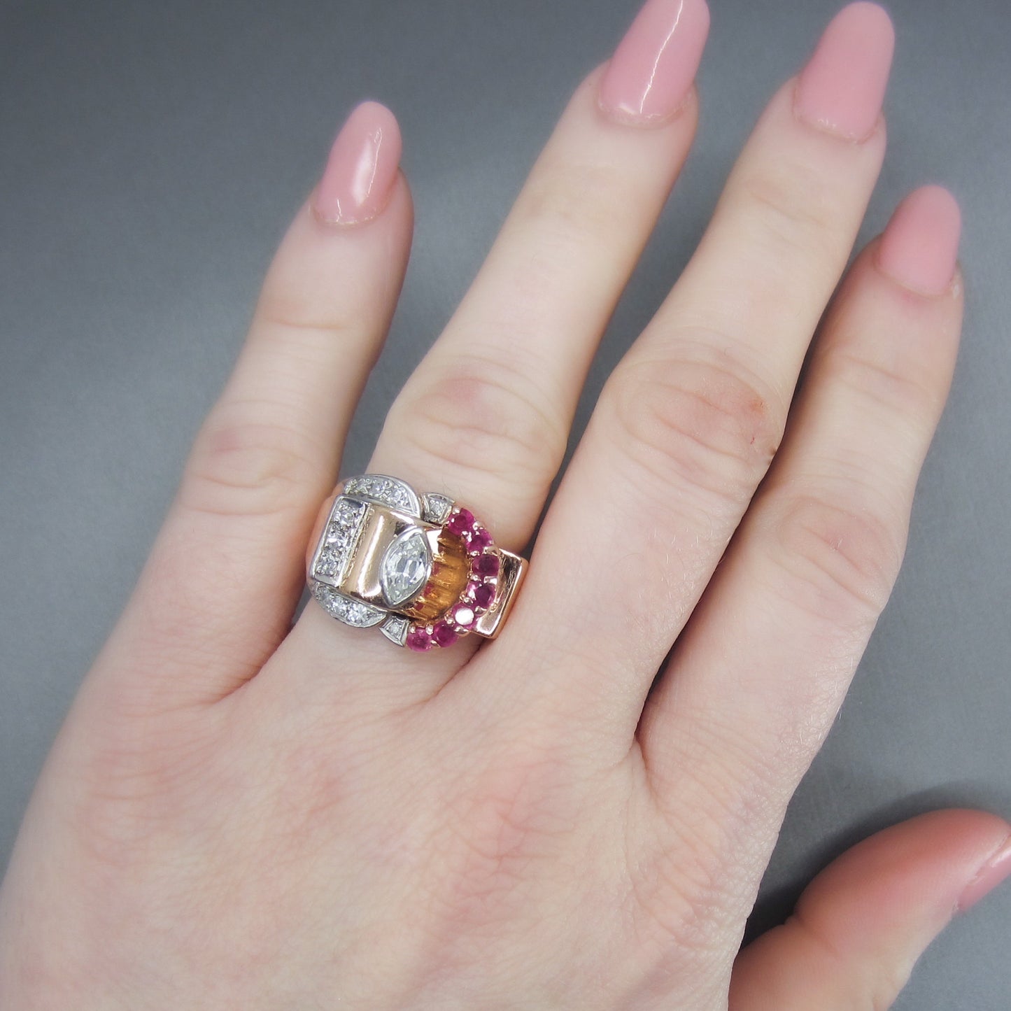 Fabulous Retro Diamond and Ruby Buckle Ring 14k c. 1940