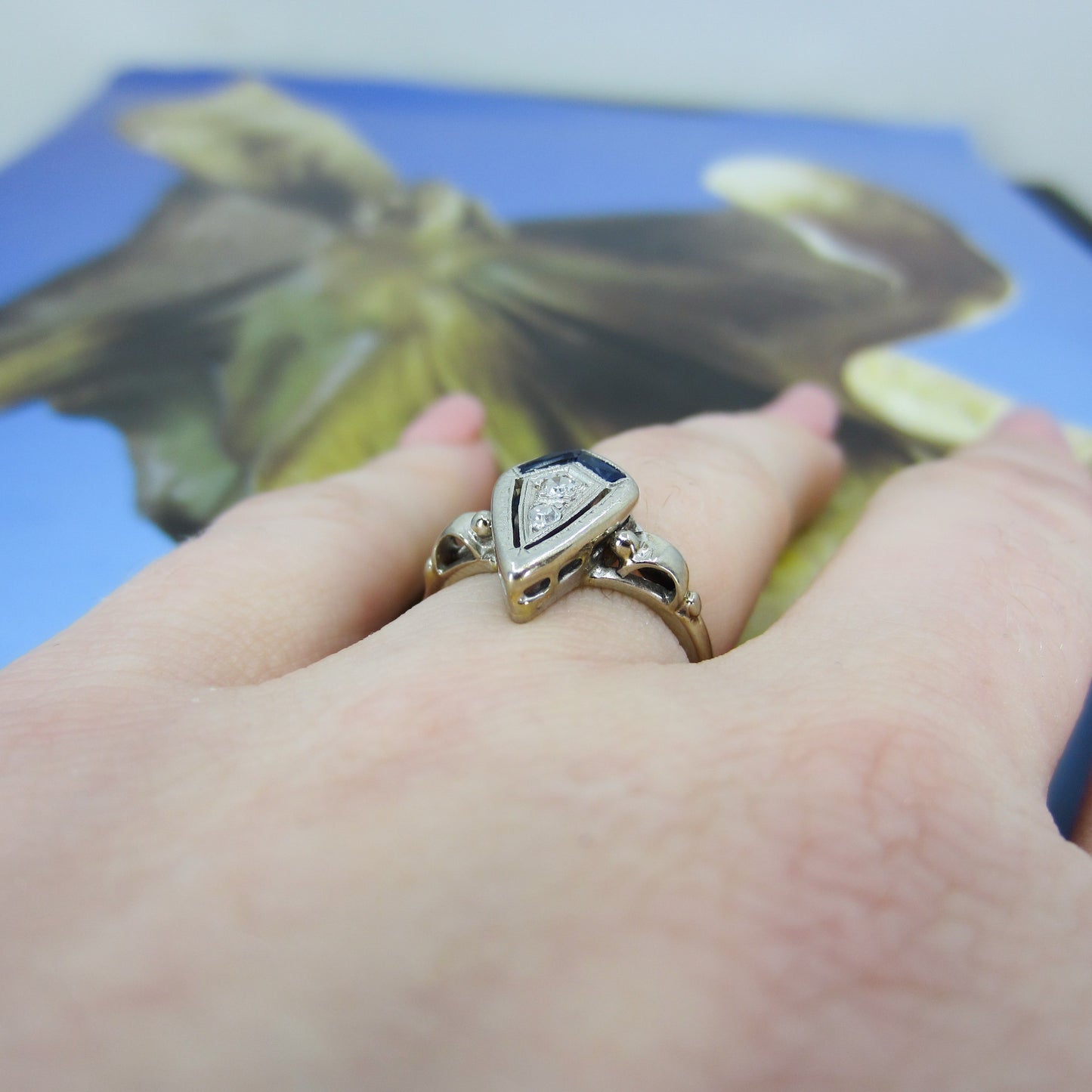 Art Deco Diamond and Sapphire Ring 14k c. 1930