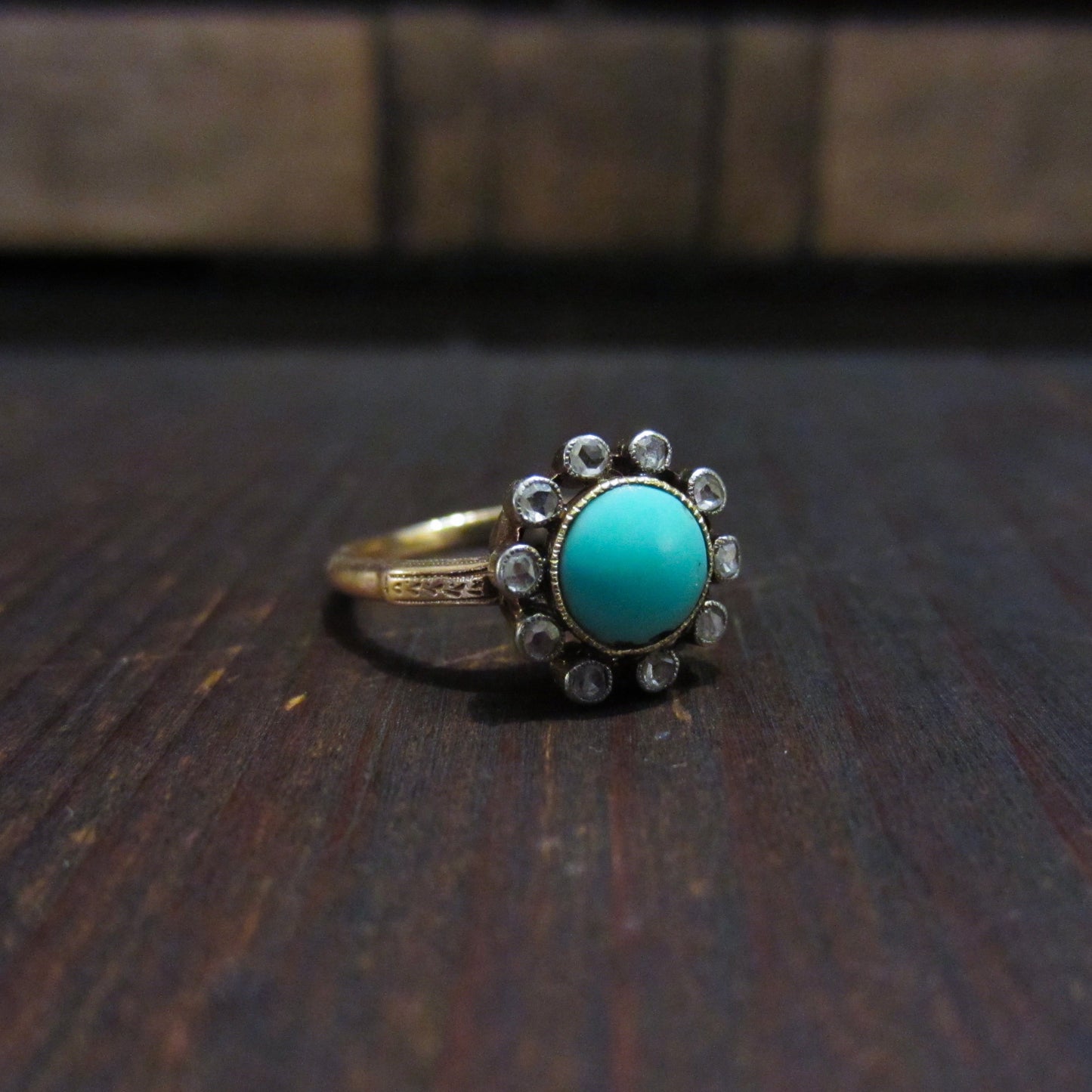 Victorian Turquoise and Rose Cut Diamond Ring 14k c. 1900