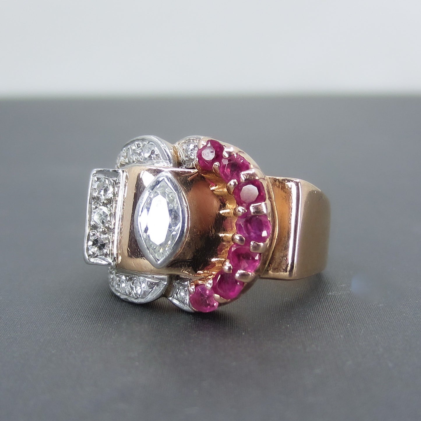 Fabulous Retro Diamond and Ruby Buckle Ring 14k c. 1940