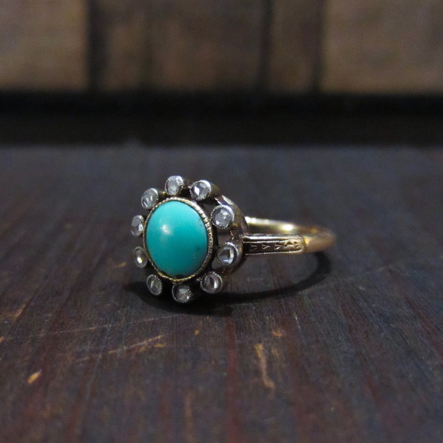 Victorian Turquoise and Rose Cut Diamond Ring 14k c. 1900