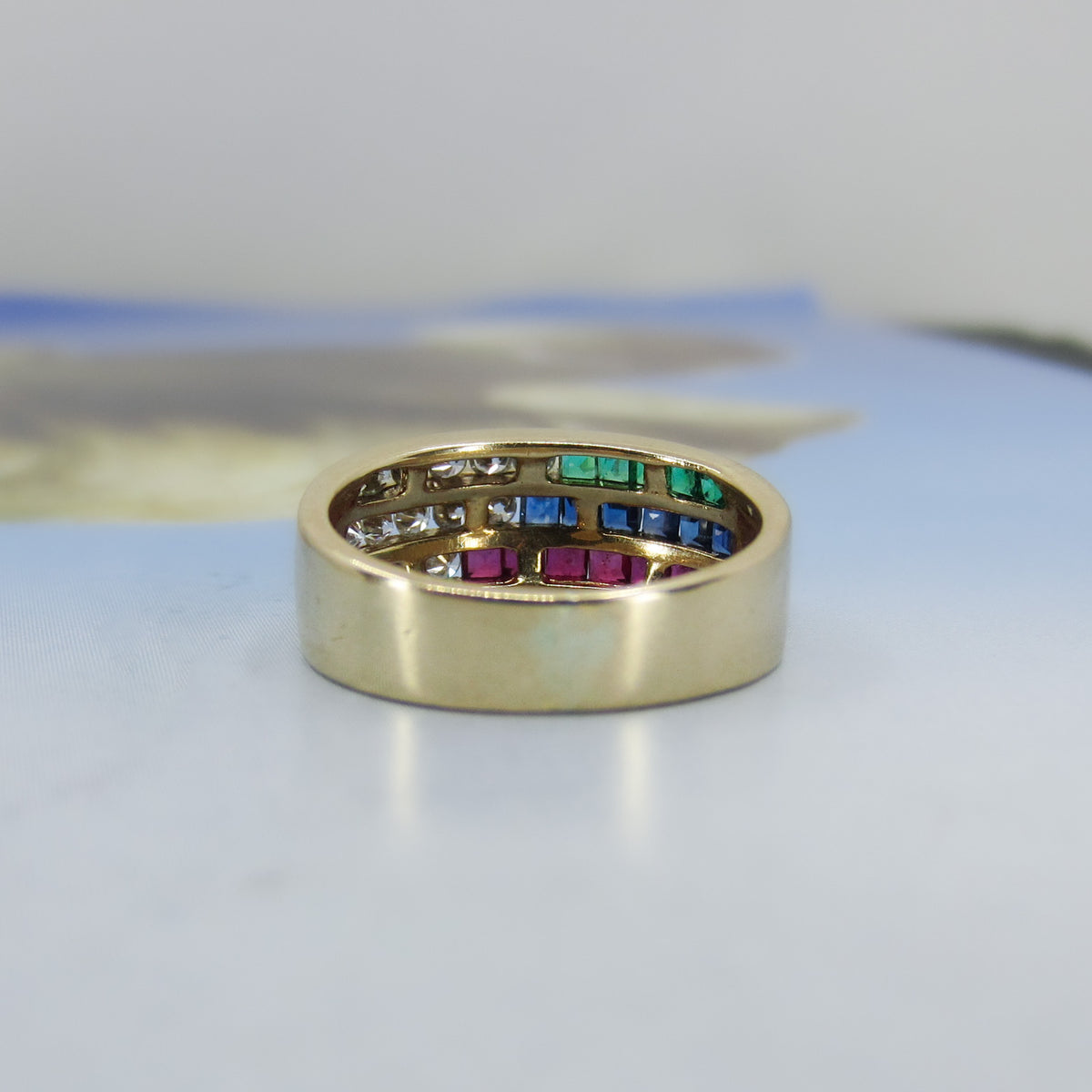 Vintage Ruby, Emerald, Sapphire and Diamond Band 18k c. 1980