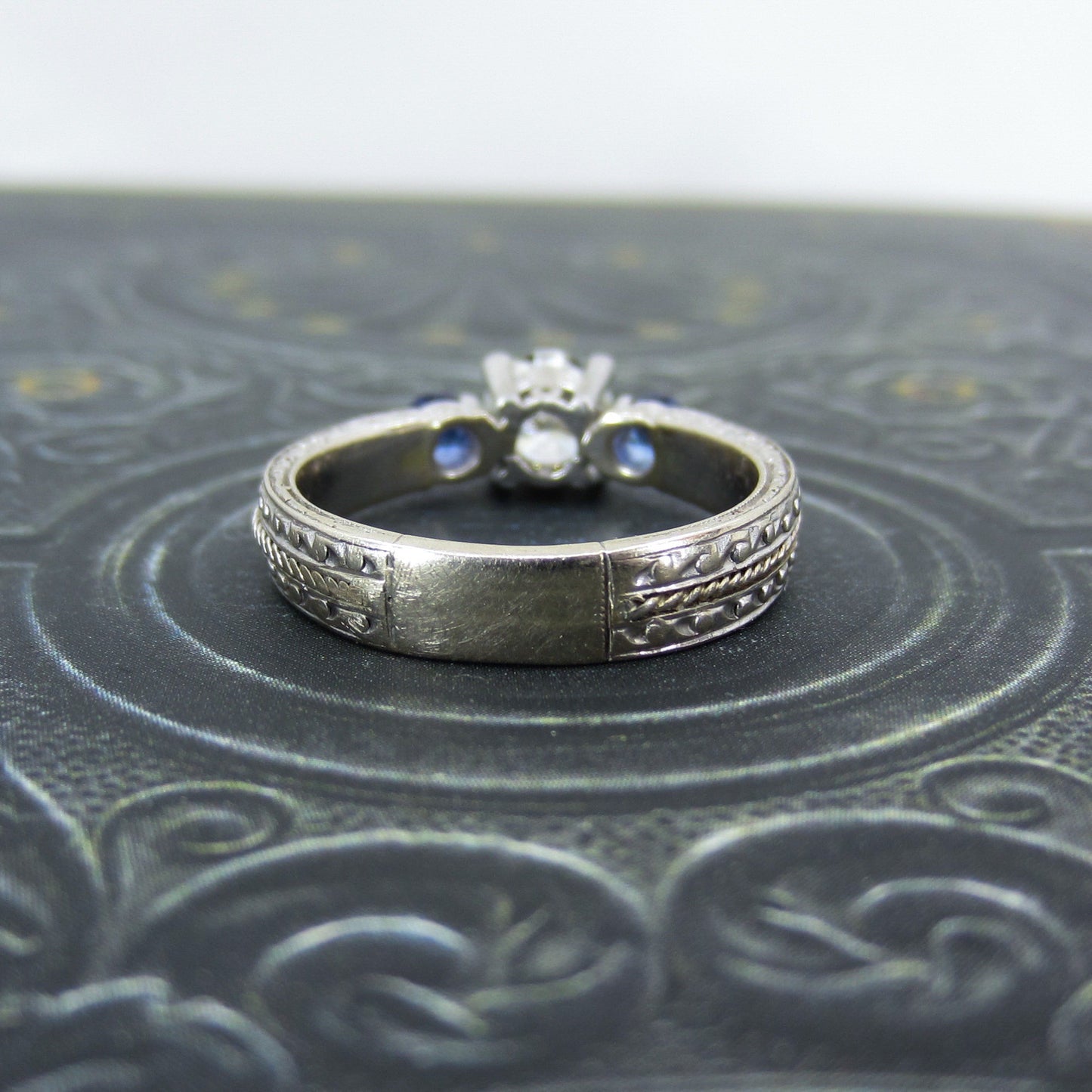 Estate Diamond .84ct and Sapphire Engagement Ring Platinum/18k