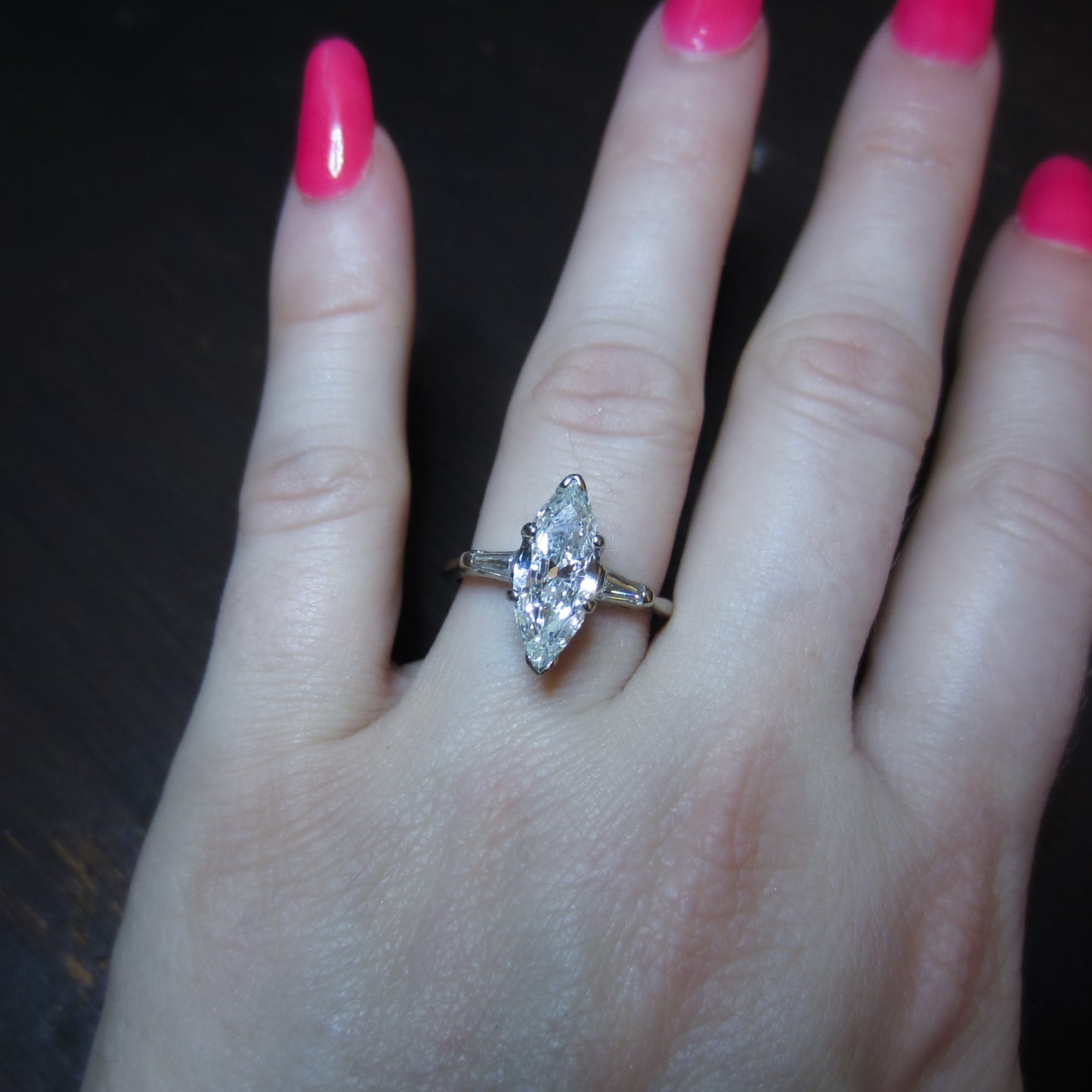 Mid-Century Old Cut Marquise 1.62ct Diamond Engagement Ring 14k c. 1950