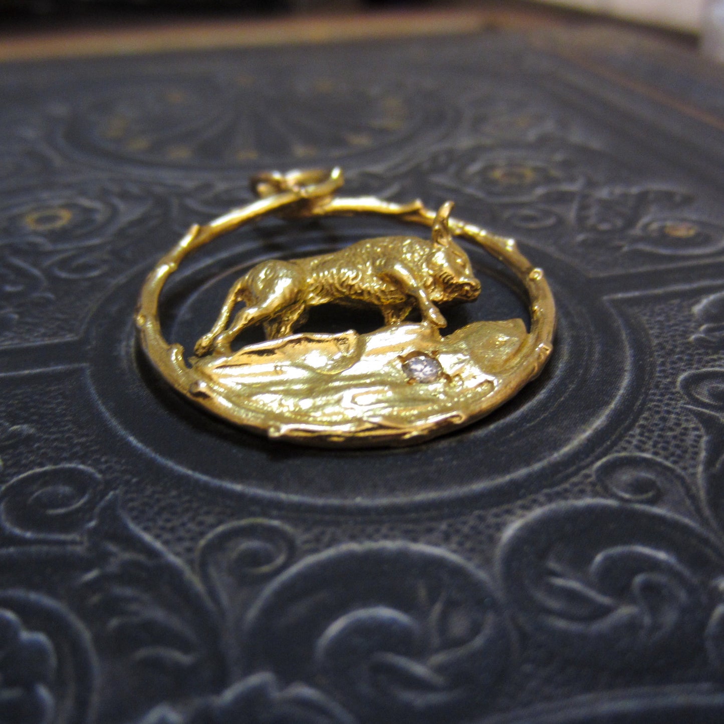 Merrin Mid-Century Diamond Taurus Charm/Medallion 14k c. 1960