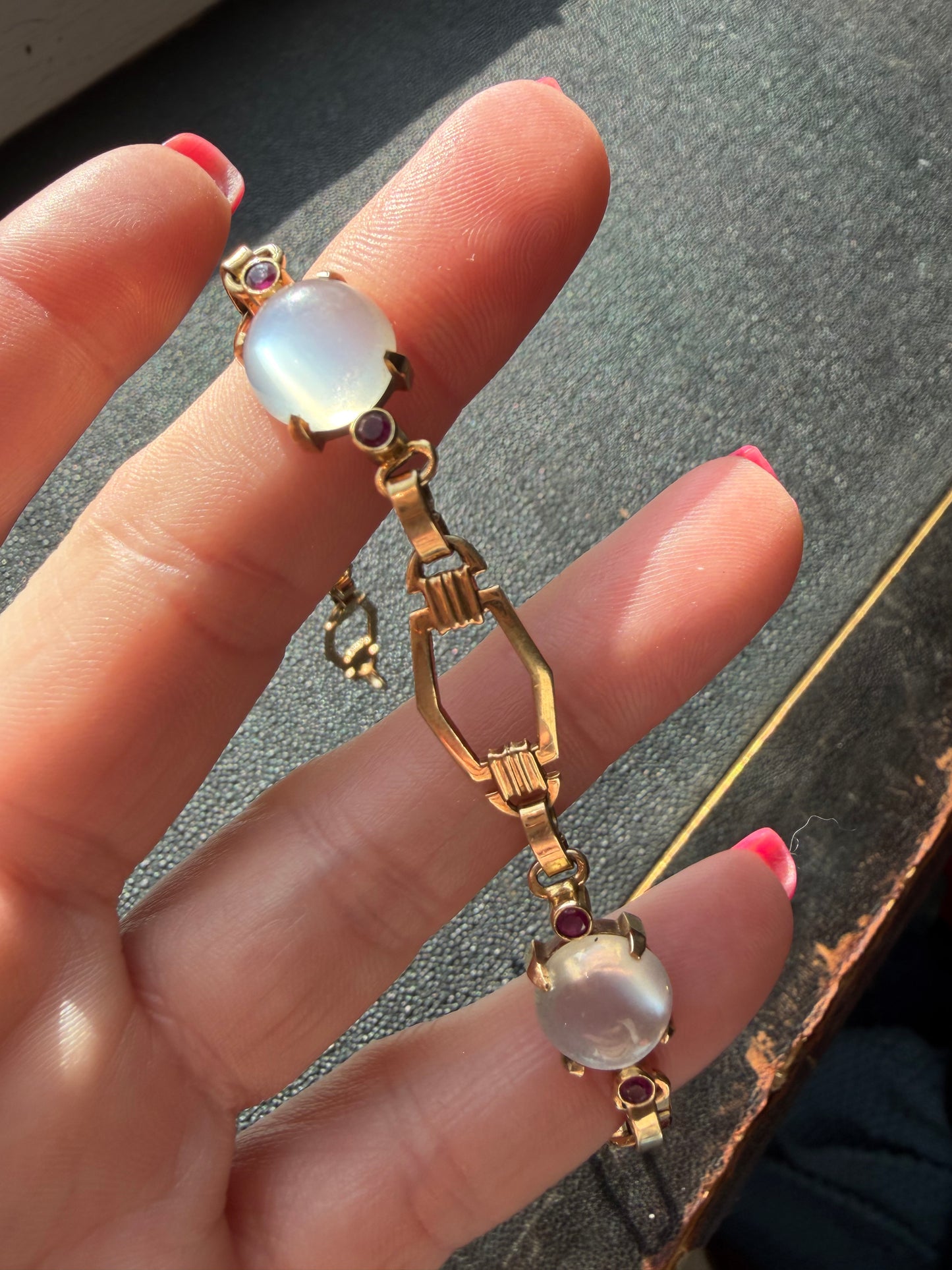 SOLD Retro Moonstone and Ruby Bracelet 14k c. 1940