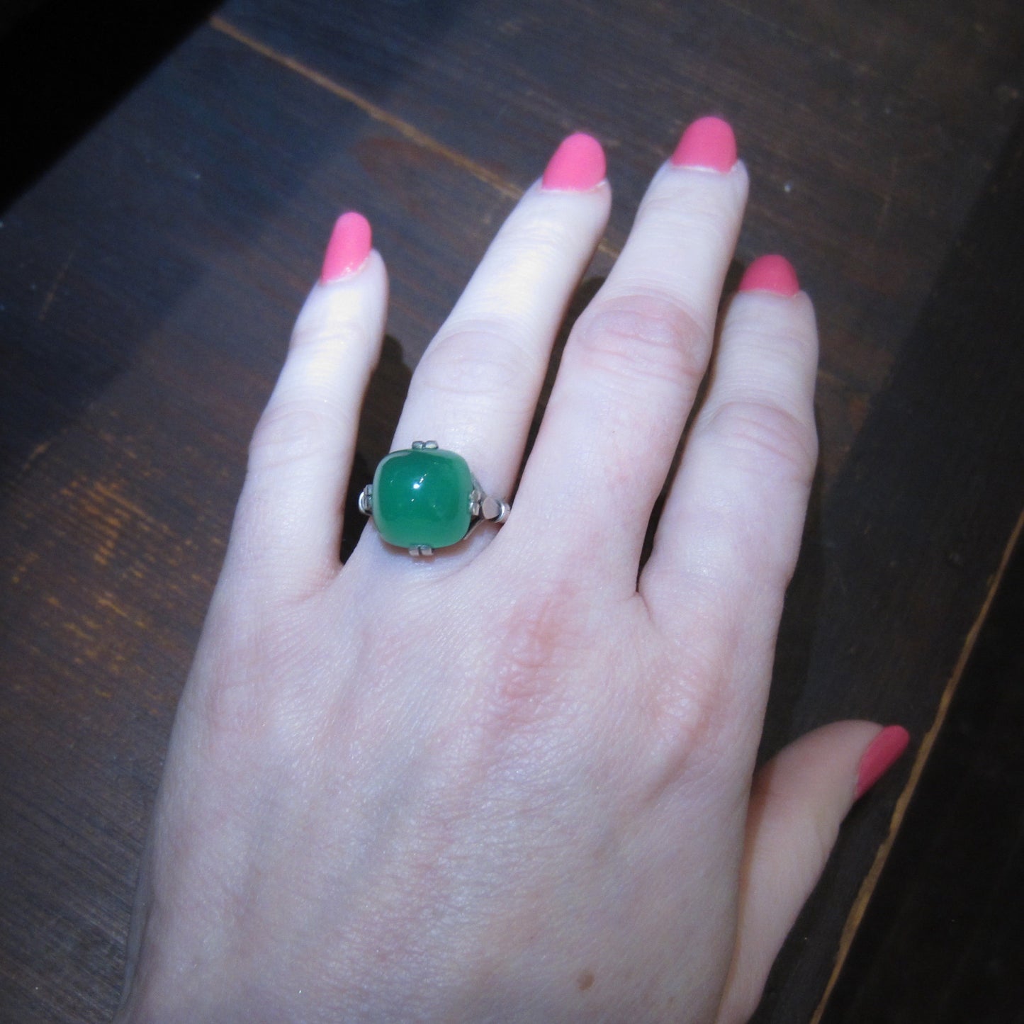 French Art Deco Chrysoprase Sugar Loaf Cabochon Ring Sterling c. 1920