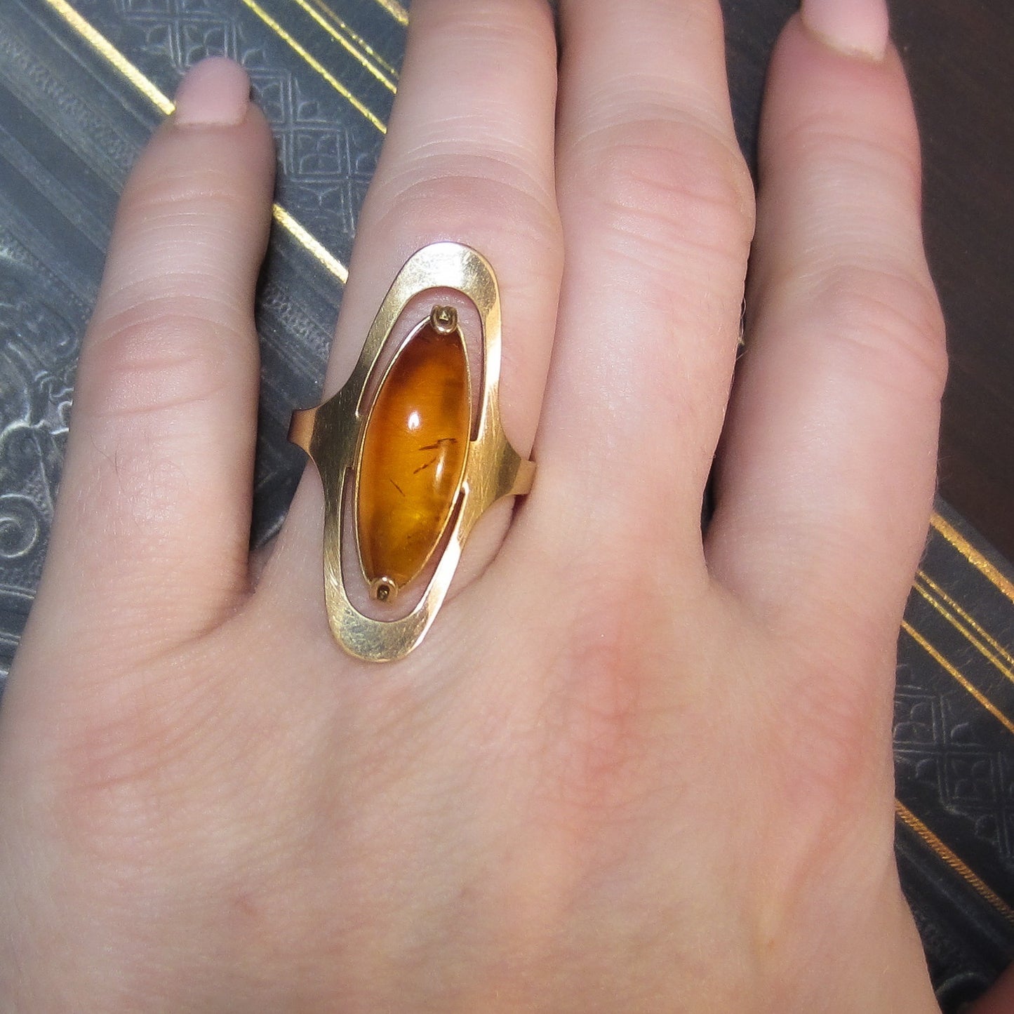 Vintage Soviet Era Russian Amber Ring 14k c. 1970