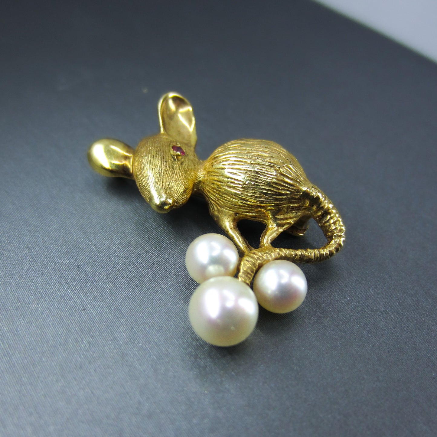 Mid-Century Ruby and Pearl Mouse Brooch 18k c. 1960