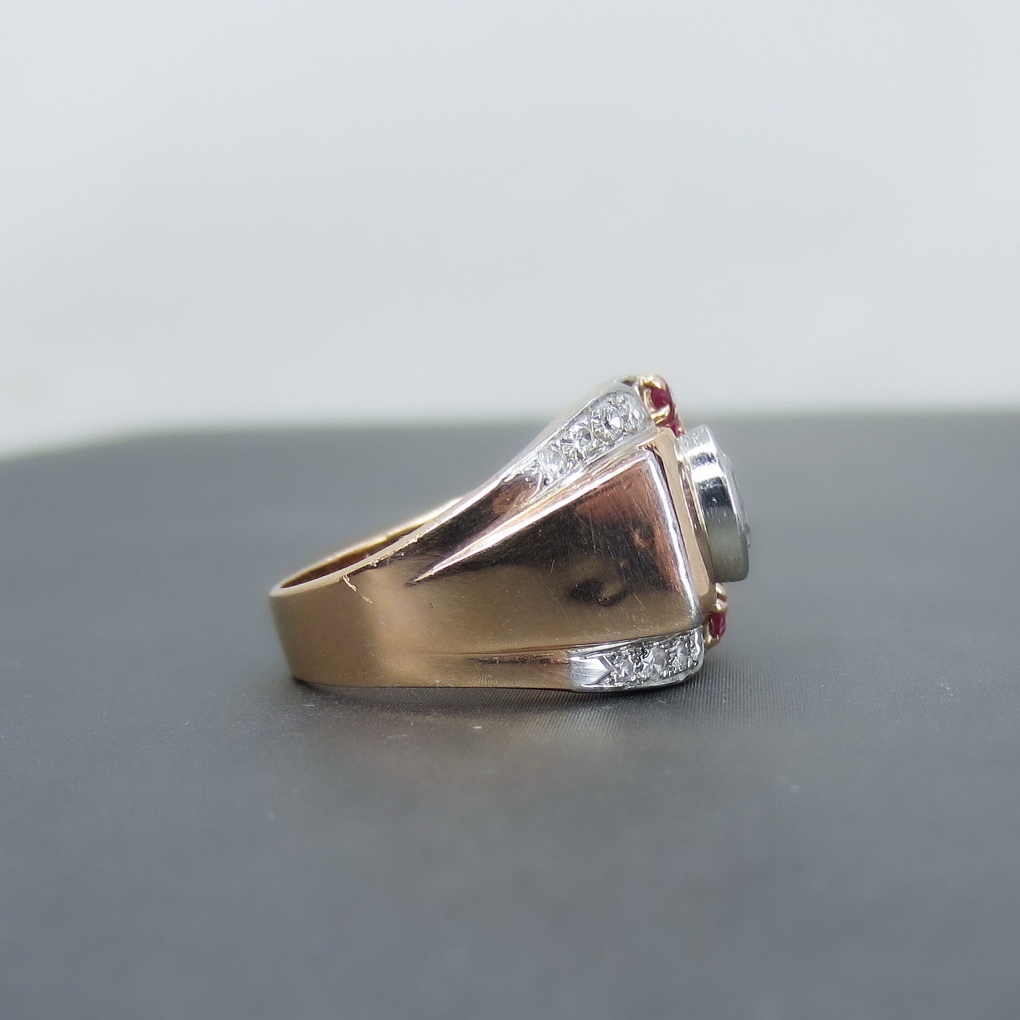 Fabulous Retro Diamond and Ruby Buckle Ring 14k c. 1940