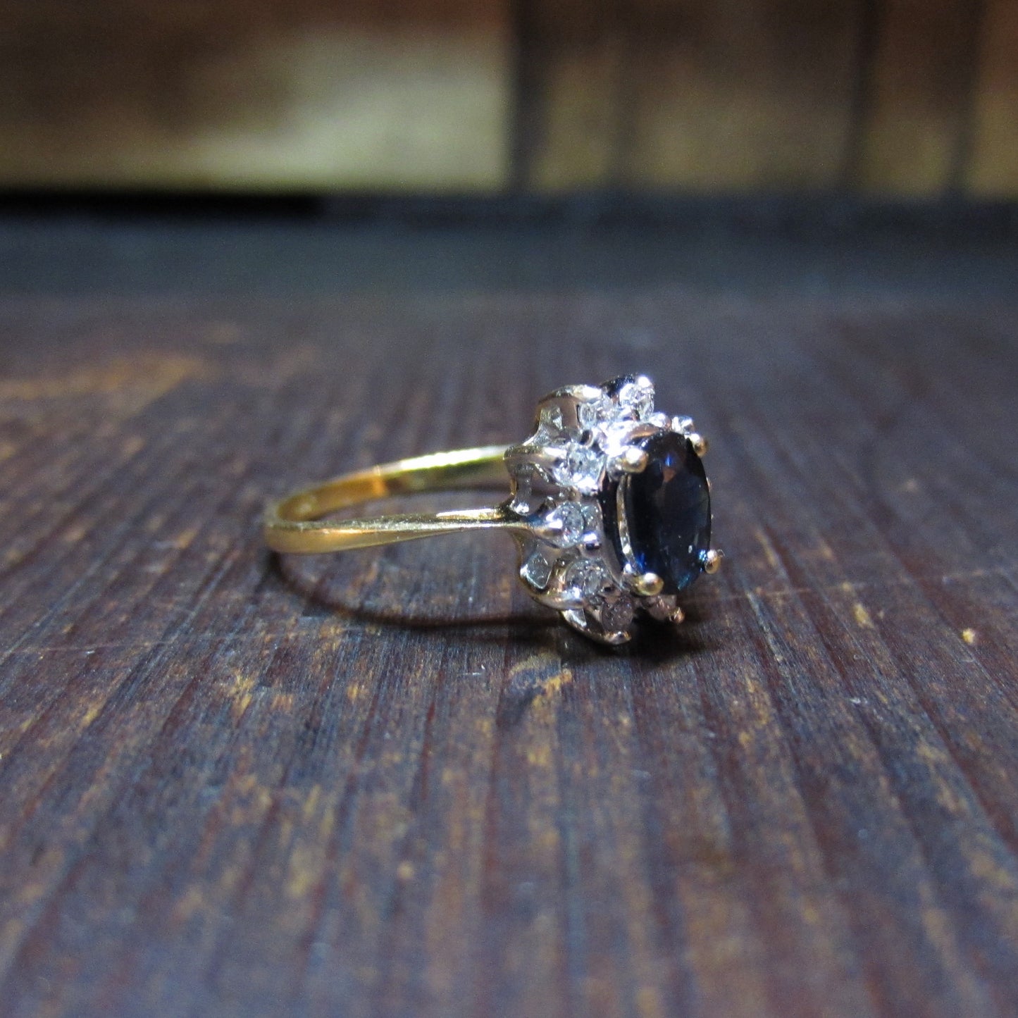 SOLD- Vintage Sapphire and Diamond Cluster Ring 14k c. 1980