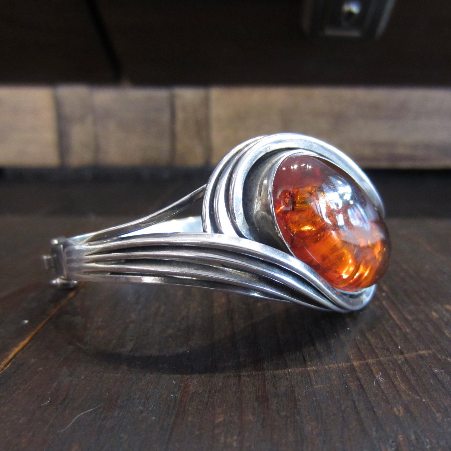 Vintage Large Amber Hinged Bangle Sterling Silver, Poland c. 1970