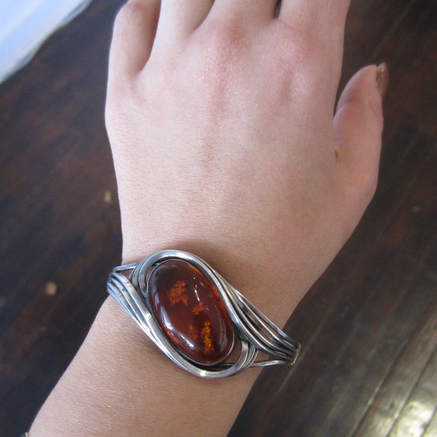 Vintage Large Amber Hinged Bangle Sterling Silver, Poland c. 1970