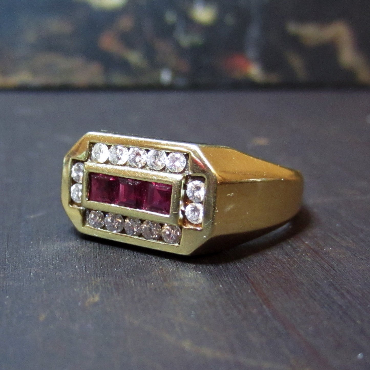 Vintage Ruby and Diamond Signet Ring 14k c. 1970