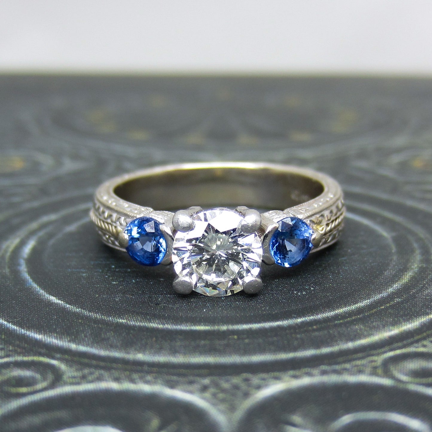 Estate Diamond .84ct and Sapphire Engagement Ring Platinum/18k