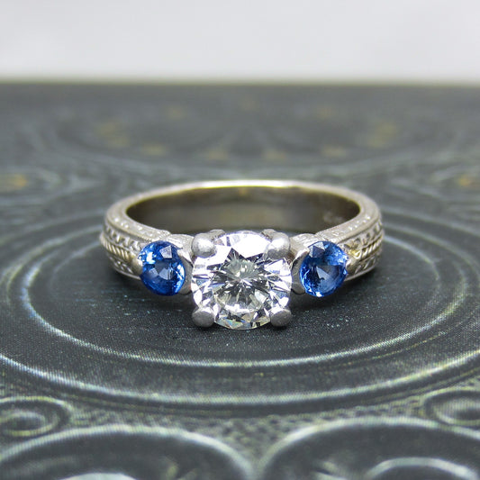 Estate Diamond .84ct and Sapphire Engagement Ring Platinum/18k