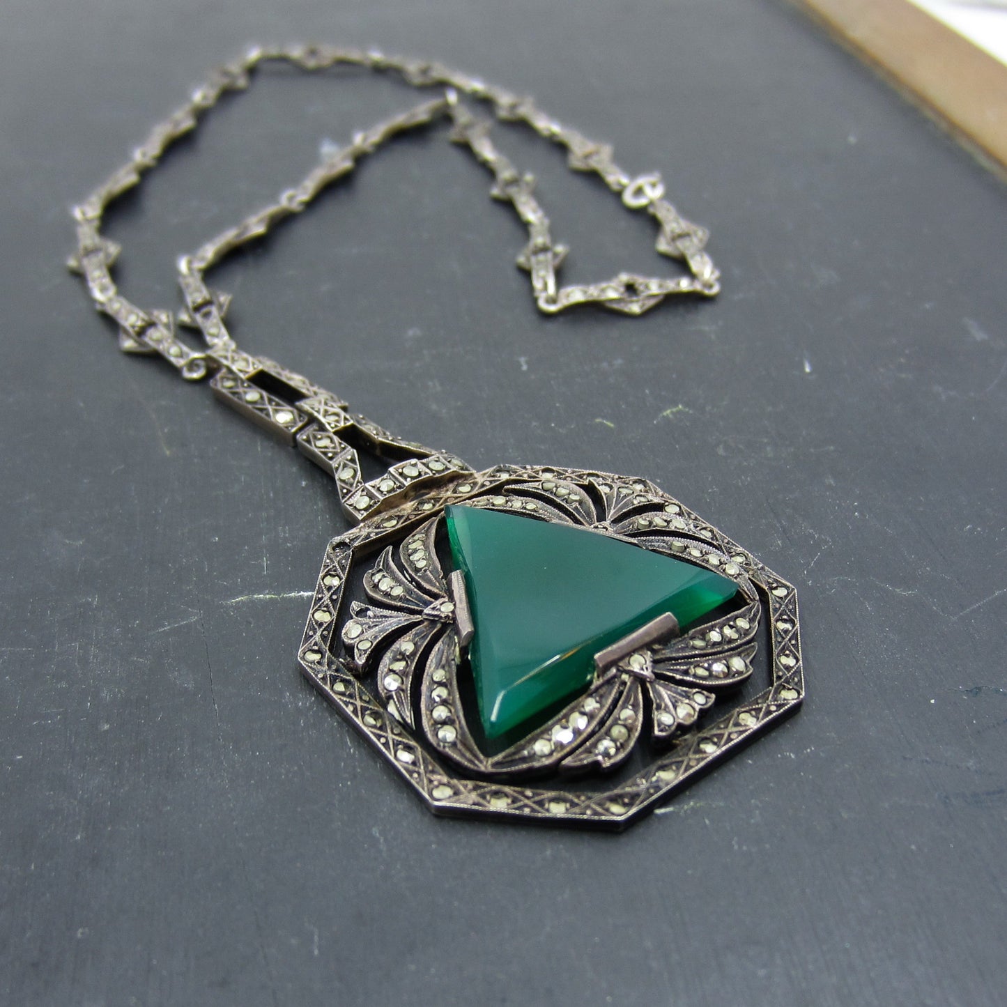 Art Deco Chalcedony and Marcasite Necklace Sterling, Germany c. 1920