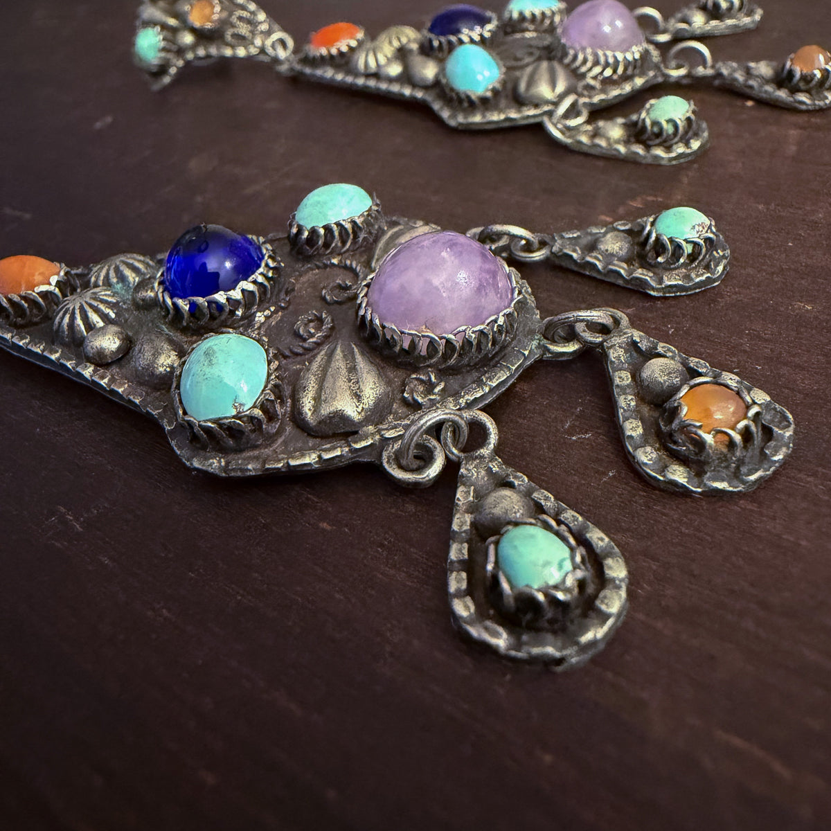 Vintage Big Multi-Stone Drop Earrings Silver