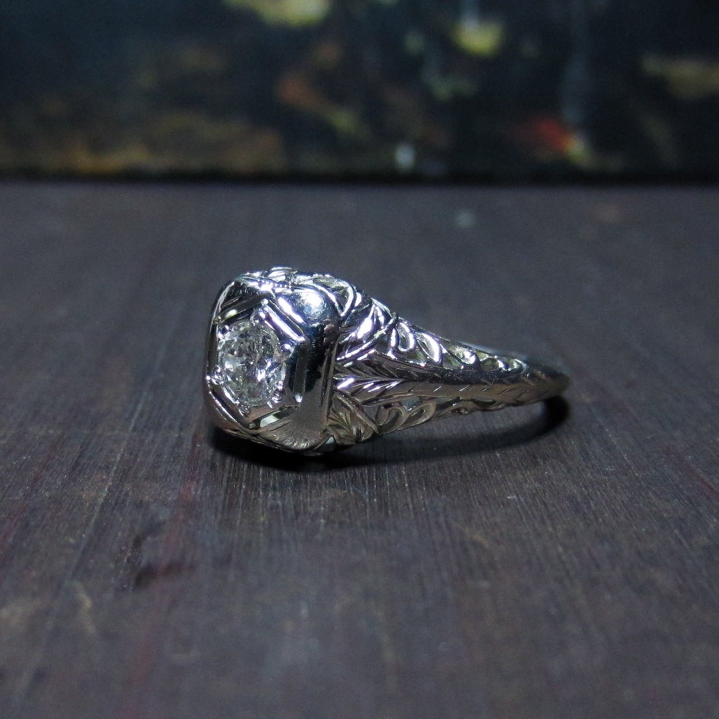 Art Deco Transitional Round Brilliant .35ct Diamond Engagement Ring 18k c. 1930