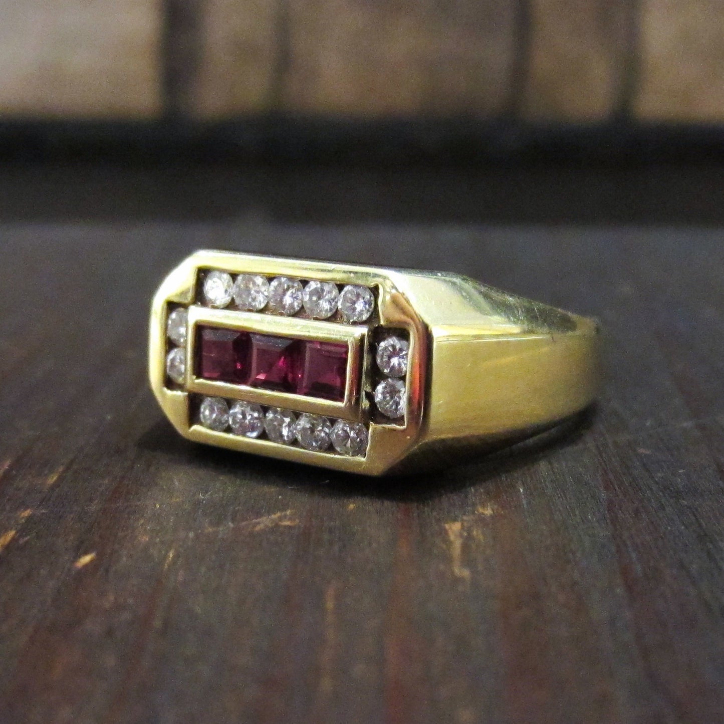 Vintage Ruby and Diamond Signet Ring 14k c. 1970
