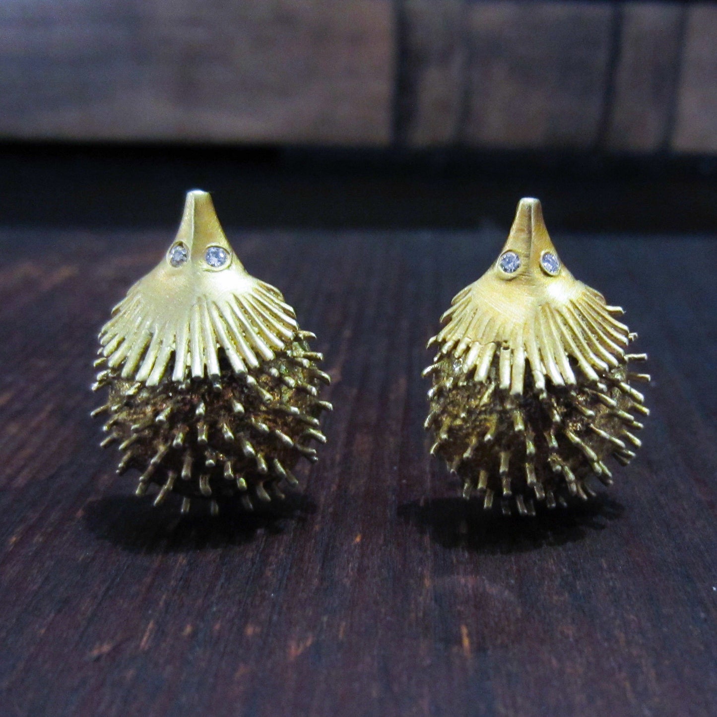 SOLD-Mid Century Peter Lindeman Diamond Hedgehog Earrings 18K c. 1960
