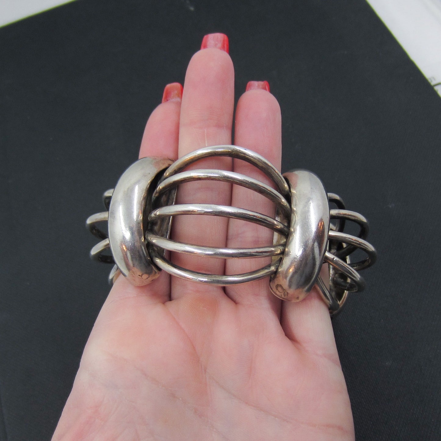 Mid Century Huge Antonio Pineda Birdcage Bracelet Sterling, Taxco c. 1960