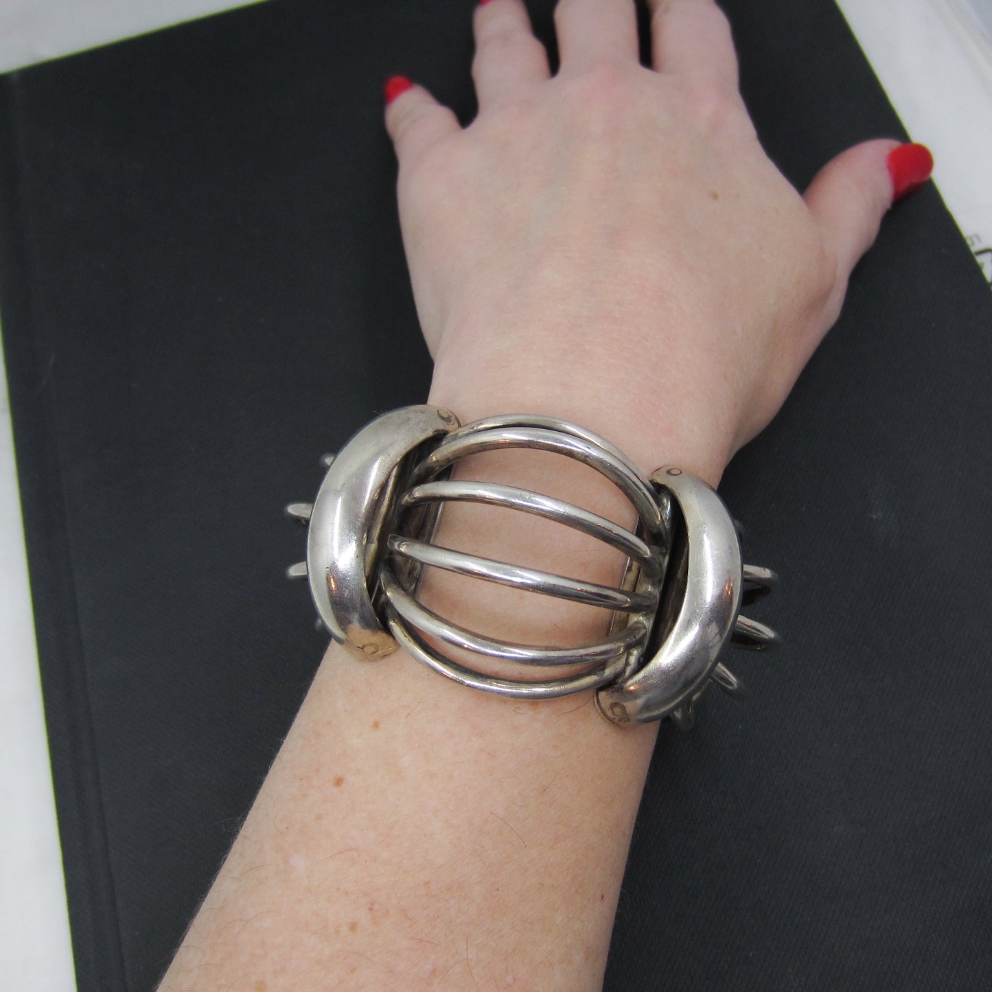 Mid Century Huge Antonio Pineda Birdcage Bracelet Sterling, Taxco c. 1960