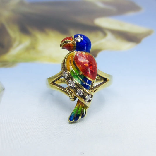 Vintage Enamel and Diamond Parrot Ring 14k c. 1980