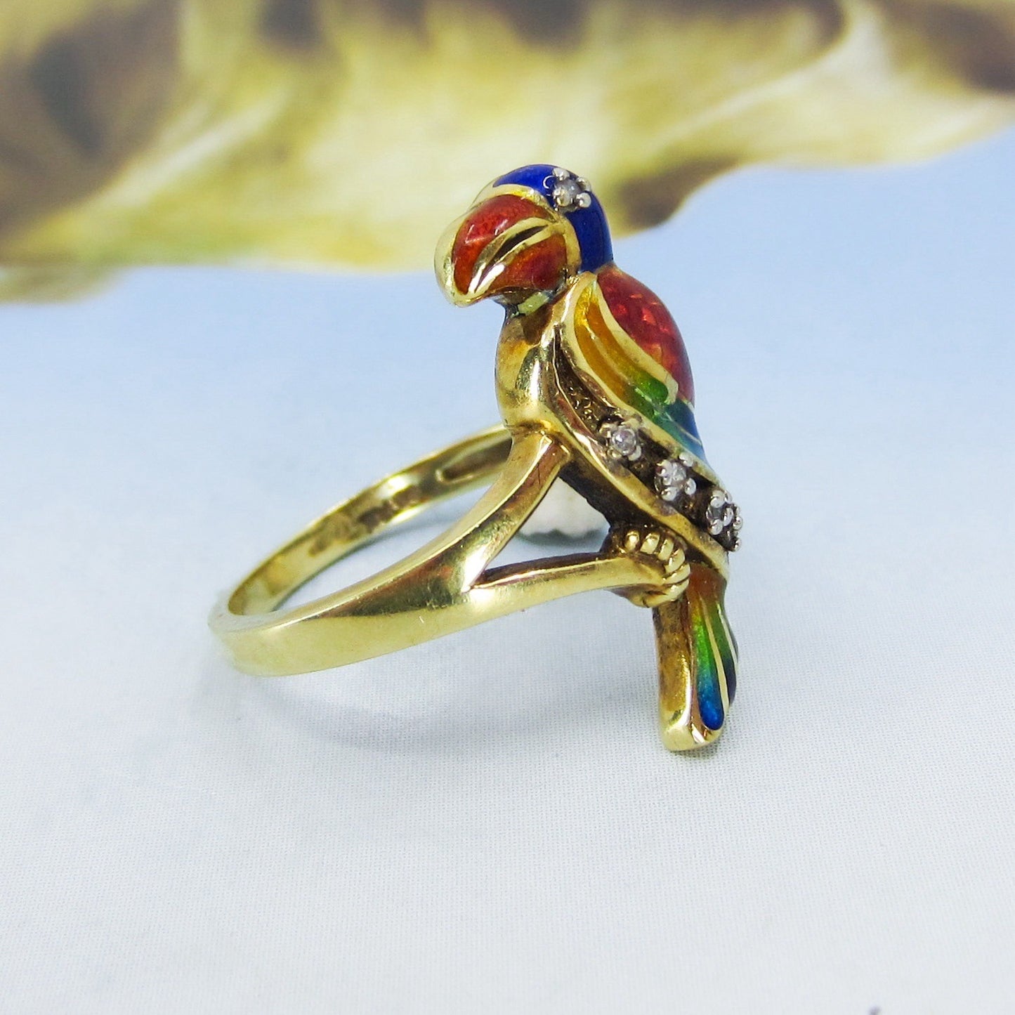 Vintage Enamel and Diamond Parrot Ring 14k c. 1980