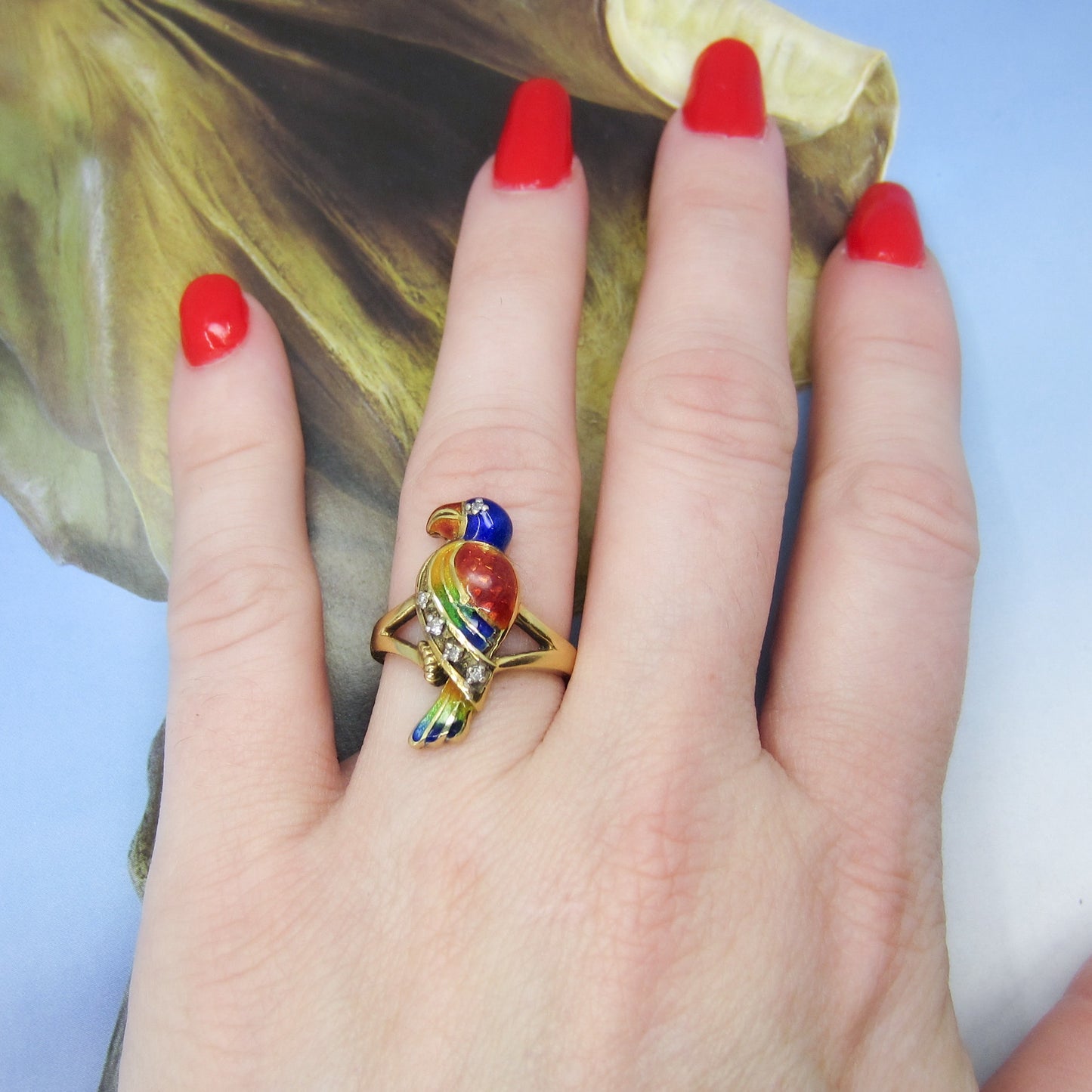 Vintage Enamel and Diamond Parrot Ring 14k c. 1980