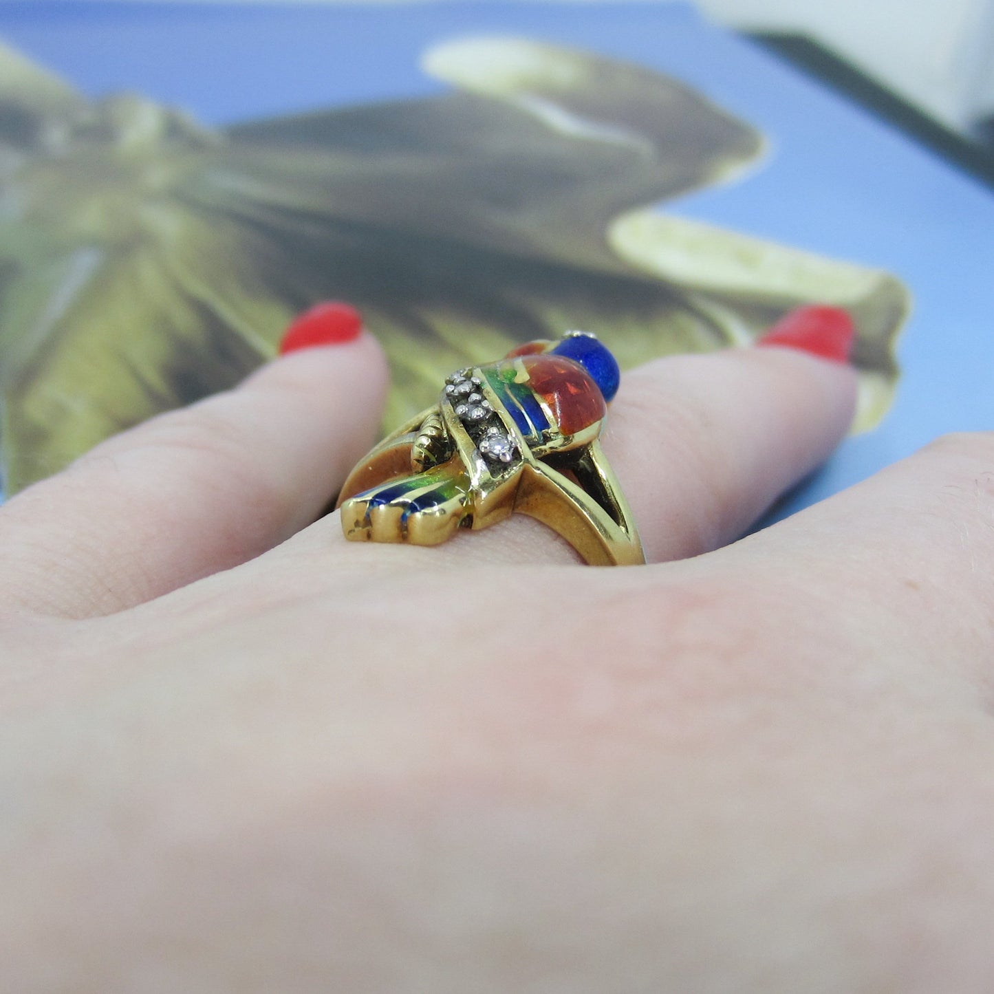 Vintage Enamel and Diamond Parrot Ring 14k c. 1980