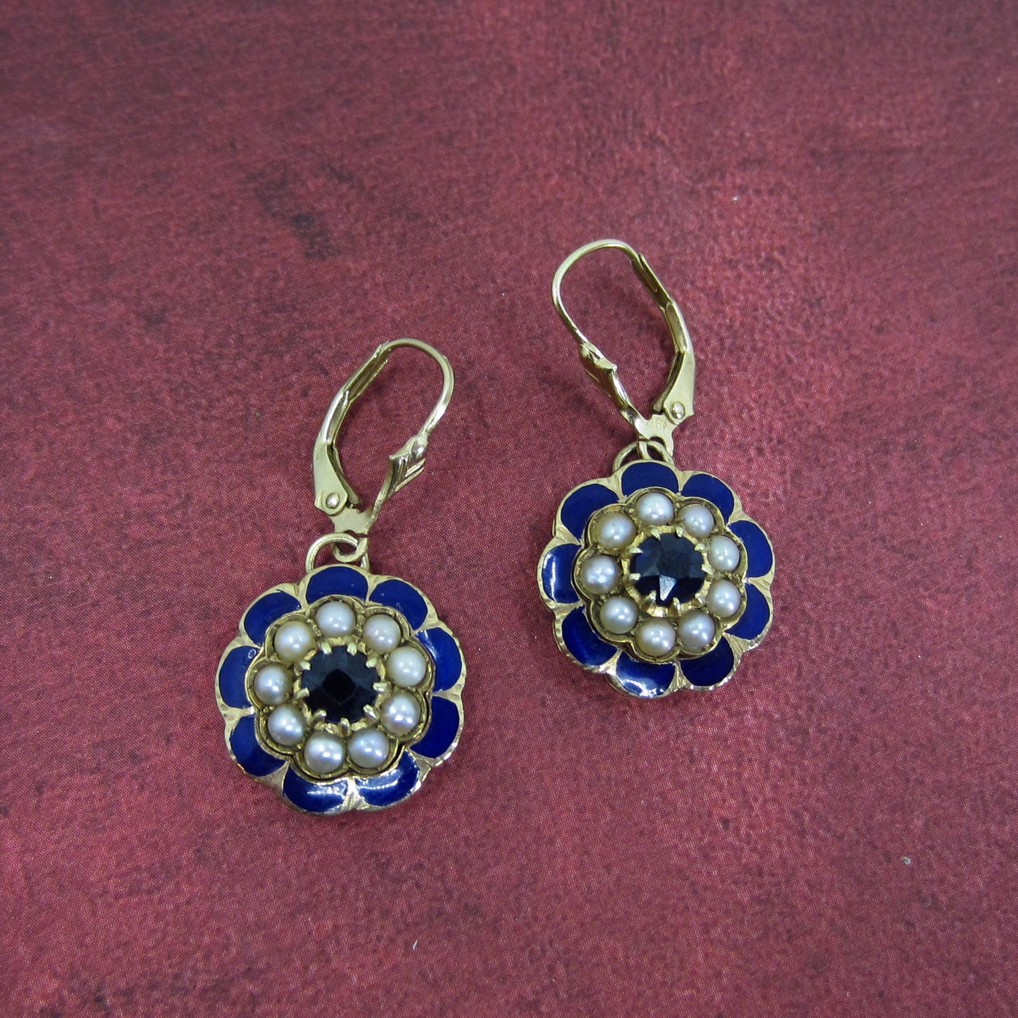 Vintage Sapphire, Enamel and Pearl Earrings 14k c. 1960