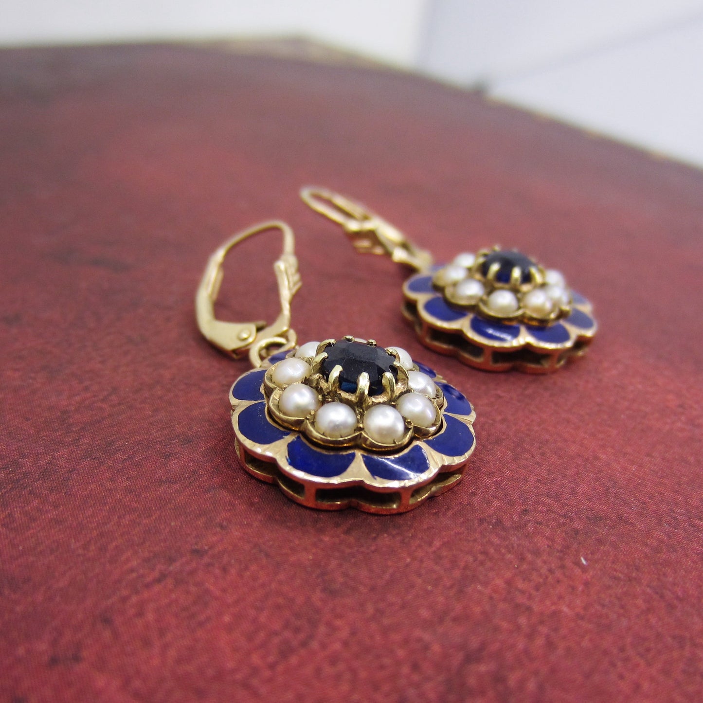 Vintage Sapphire, Enamel and Pearl Earrings 14k c. 1960