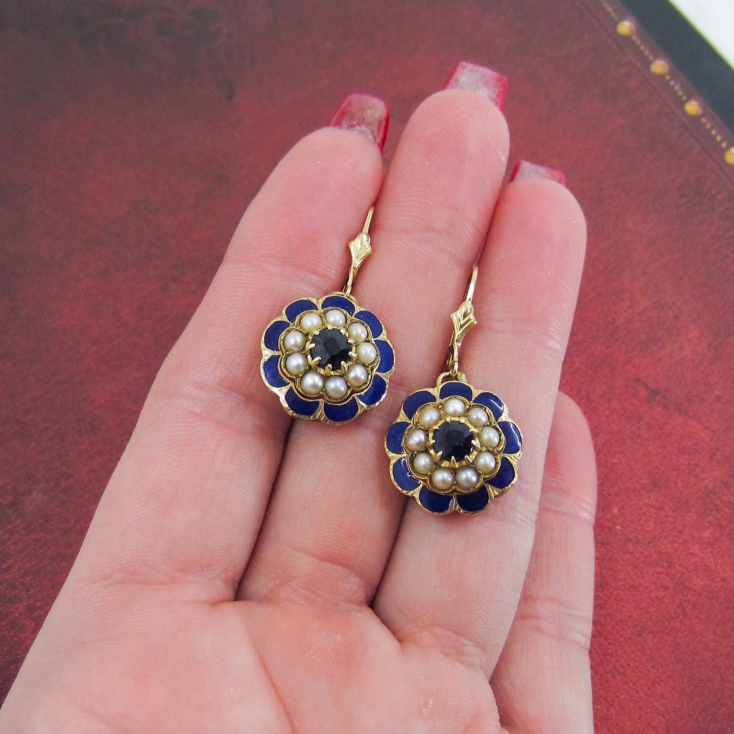 Vintage Sapphire, Enamel and Pearl Earrings 14k c. 1960