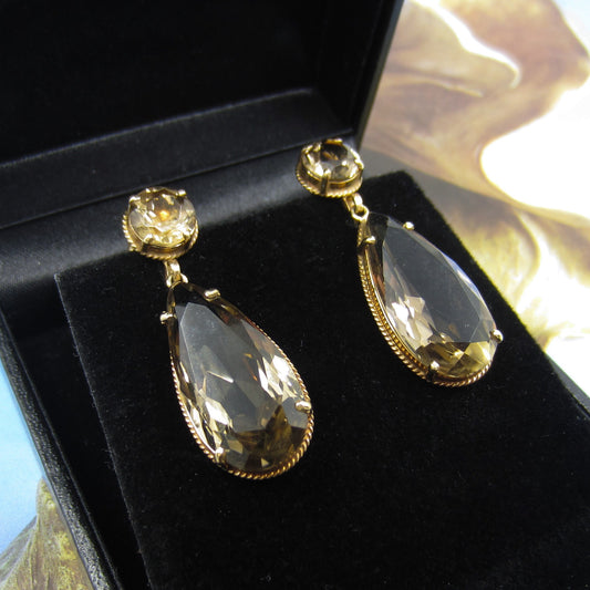 Mid-Century Smoky Quartz Drop Earrings 14k c. 1960