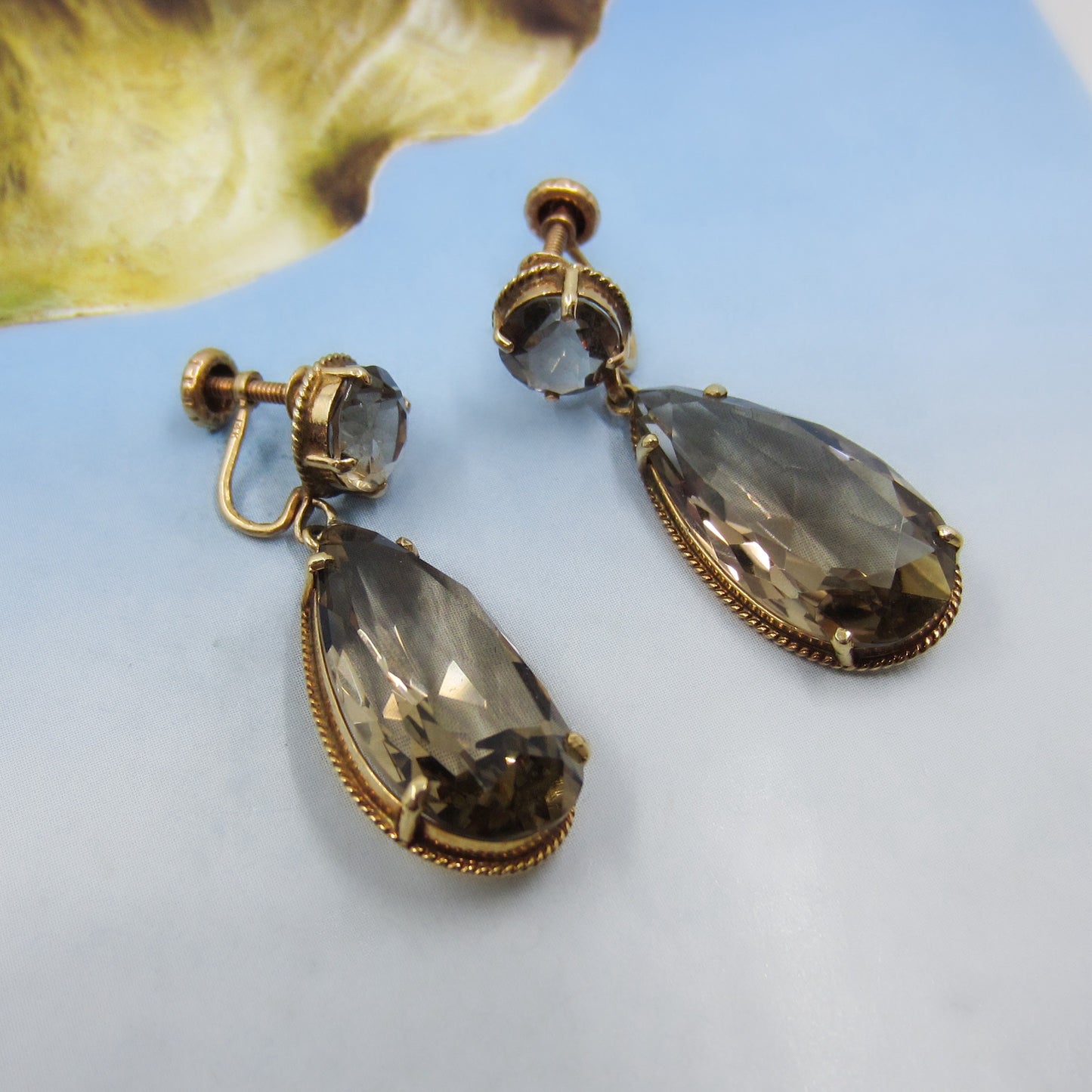 Mid-Century Smoky Quartz Drop Earrings 14k c. 1960