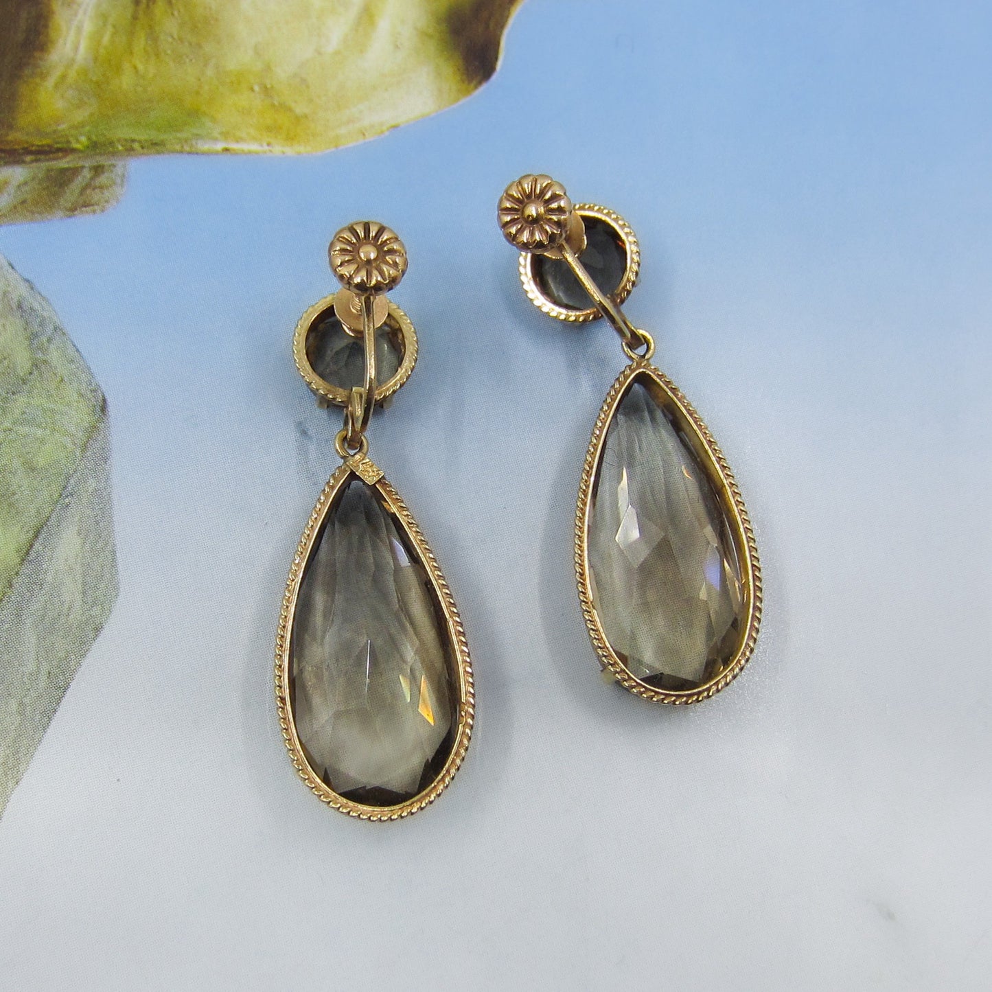 Mid-Century Smoky Quartz Drop Earrings 14k c. 1960