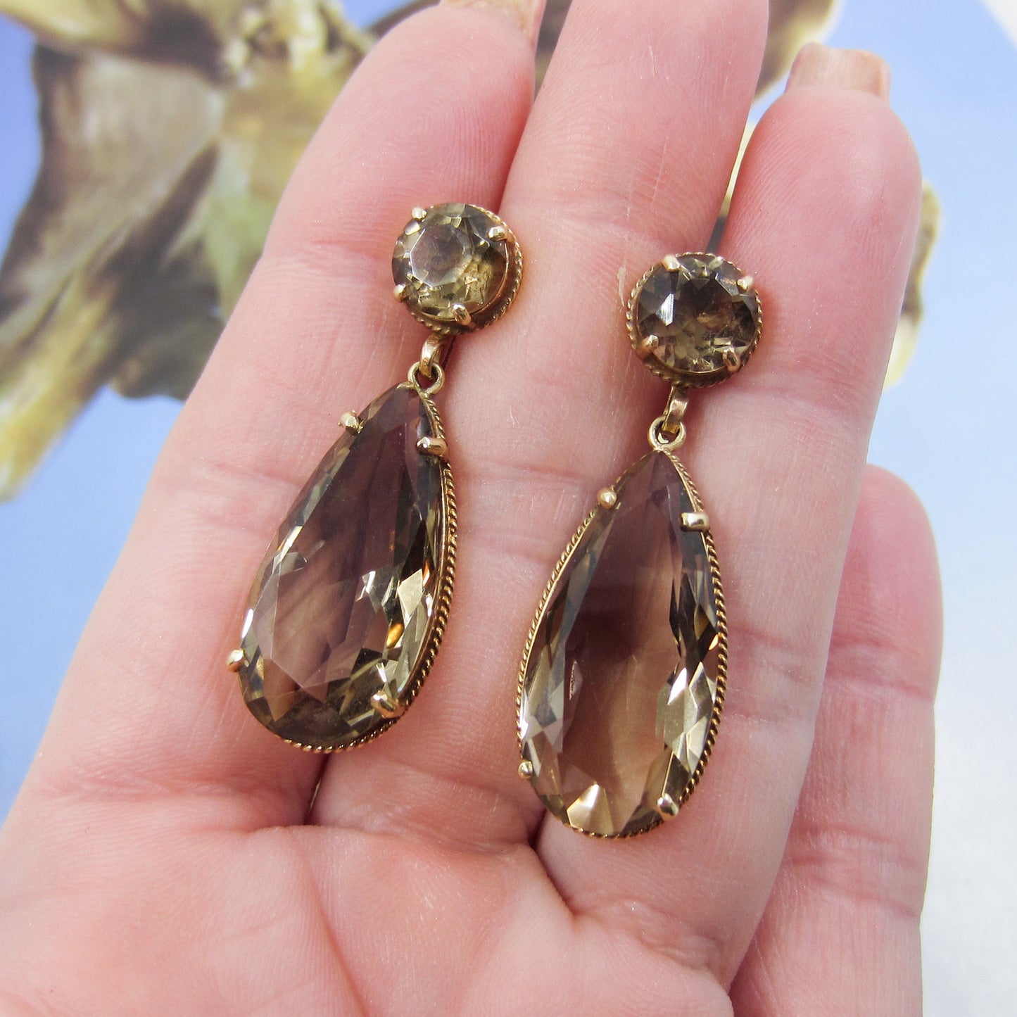 Mid-Century Smoky Quartz Drop Earrings 14k c. 1960