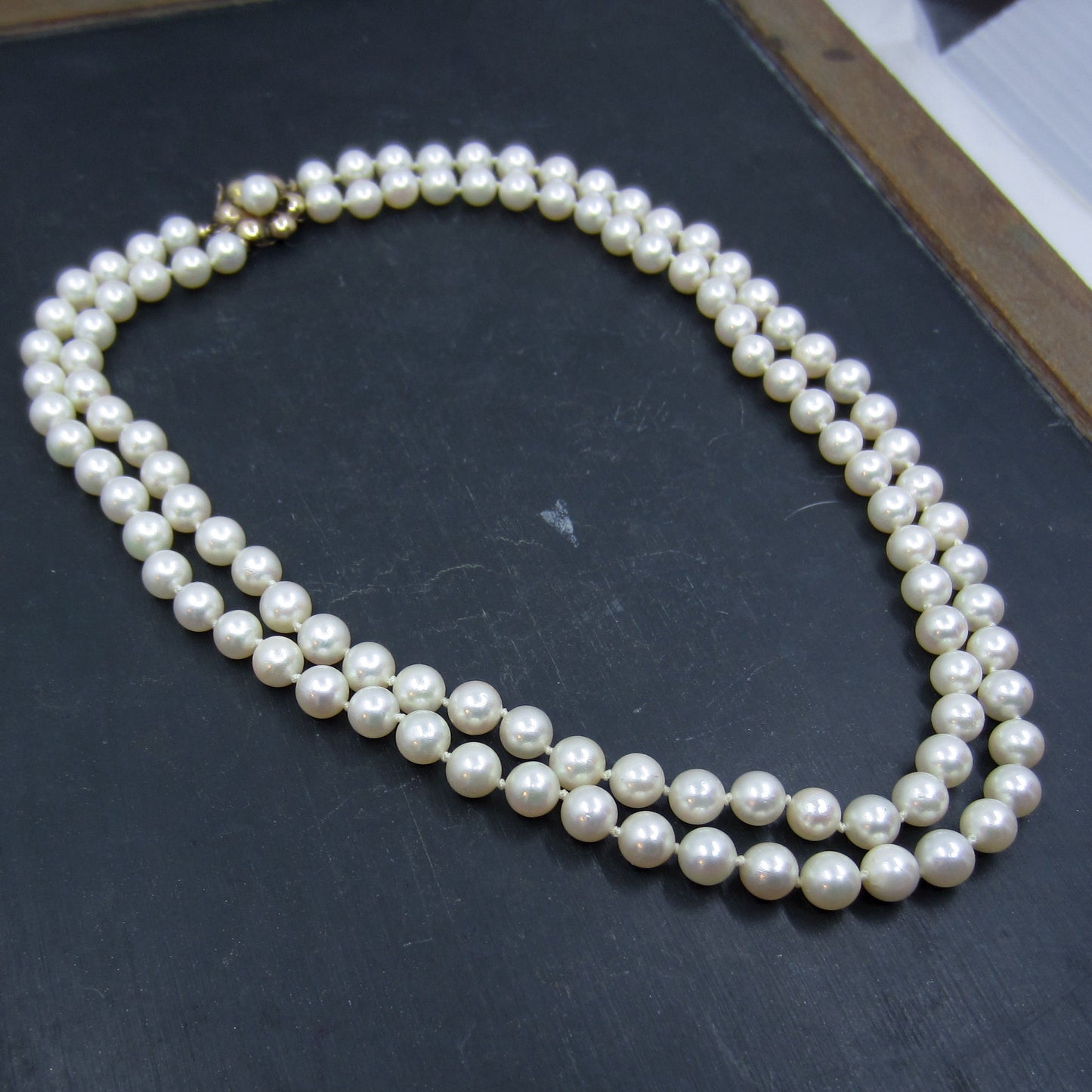 Mid-Century Double Strand Pearl Necklace 14k c. 1960