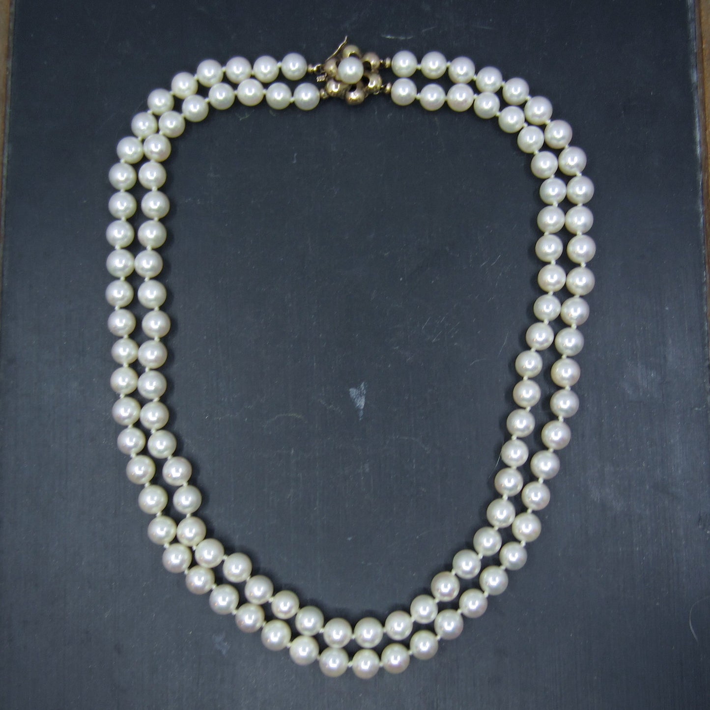 Mid-Century Double Strand Pearl Necklace 14k c. 1960